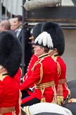 Trooping the Colour 2010: The Chief of Staff London District, Colonel A D Mathewson, watching the "Massed Bands Troop". The structure behind him is a press stand used by photographers and television, hence the "furry" microphone on top of the photo..
Horse Guards Parade, Westminster,
London SW1,
Greater London,
United Kingdom,
on 12 June 2010 at 11:15, image #118
