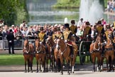 Trooping the Colour 2010: Behind No. 1 Guard,  1st Battalion Grenadier Guards, and in front of spectators watching from St. James's Park, with a lake and fountain in the background, is The King's Troop Royal Horse Artillery, with their horses and 13-pounder state saluting guns..
Horse Guards Parade, Westminster,
London SW1,
Greater London,
United Kingdom,
on 12 June 2010 at 11:38, image #143