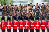 Trooping the Colour 2010: Behind No. 1 Guard,  1st Battalion Grenadier Guards, and in front of spectators watching from St. James's Park, with a lake and fountain in the background, is The King's Troop Royal Horse Artillery, with their horses and 13-pounder state saluting guns..
Horse Guards Parade, Westminster,
London SW1,
Greater London,
United Kingdom,
on 12 June 2010 at 11:51, image #160