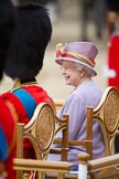 Trooping the Colour 2010: Her Majesty the Queen, Elizabeth II, and The Prince Philip. Duke of Edinburgh, during the "Massed Bands Troop", sitting in their chairs on the saluting dais..
Horse Guards Parade, Westminster,
London SW1,
Greater London,
United Kingdom,
on 12 June 2010 at 11:57, image #177