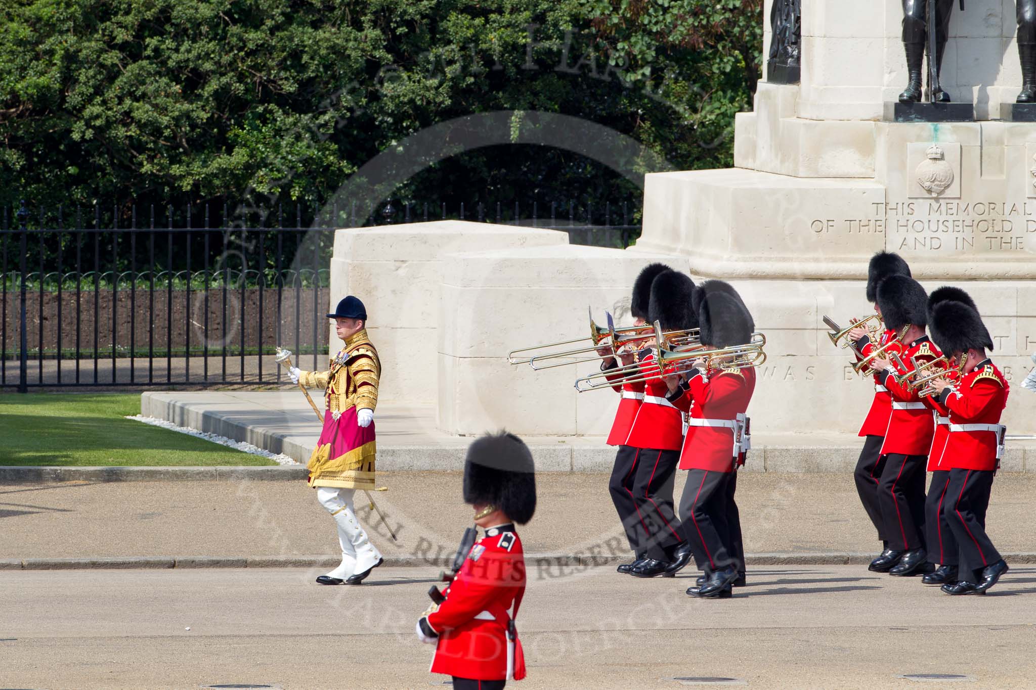 The Colonel's Review 2011: Drum Major Scott Fitzgerald, Coldstream Guards, leading the Band of the Coldstream Guards onto the parade ground, passing the Guards Memorial on the St. James's Park side of the parade ground..
Horse Guards Parade, Westminster,
London SW1,

United Kingdom,
on 04 June 2011 at 10:25, image #22