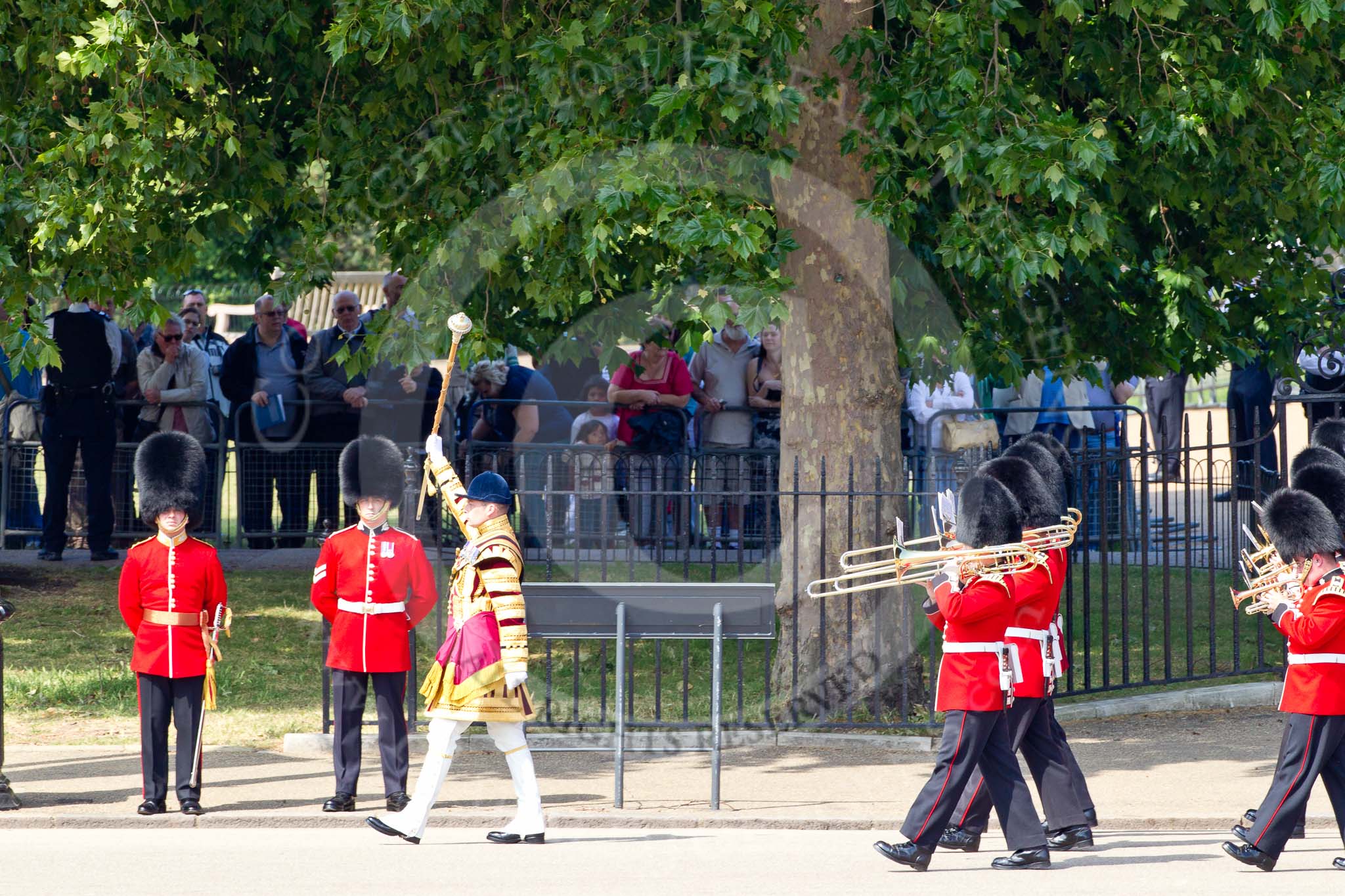 The Colonel's Review 2011: Drum Major Scott Fitzgerald, Coldstream Guards, leading the Band of the Coldstream Guards onto the parade ground, passing spectators watching from St. James's Park..
Horse Guards Parade, Westminster,
London SW1,

United Kingdom,
on 04 June 2011 at 10:25, image #23