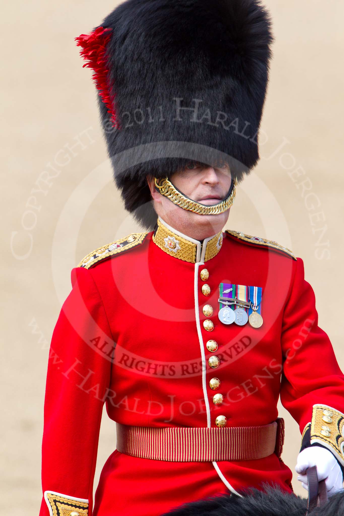 The Colonel's Review 2011: Colonel Jonathan Bourne-May, who is the Regimental Lieutenant Colonel Coldstram Guards, riding in place of Lieutenant General J J C Bucknall, Colonel Coldstream Guards..
Horse Guards Parade, Westminster,
London SW1,

United Kingdom,
on 04 June 2011 at 11:06, image #103