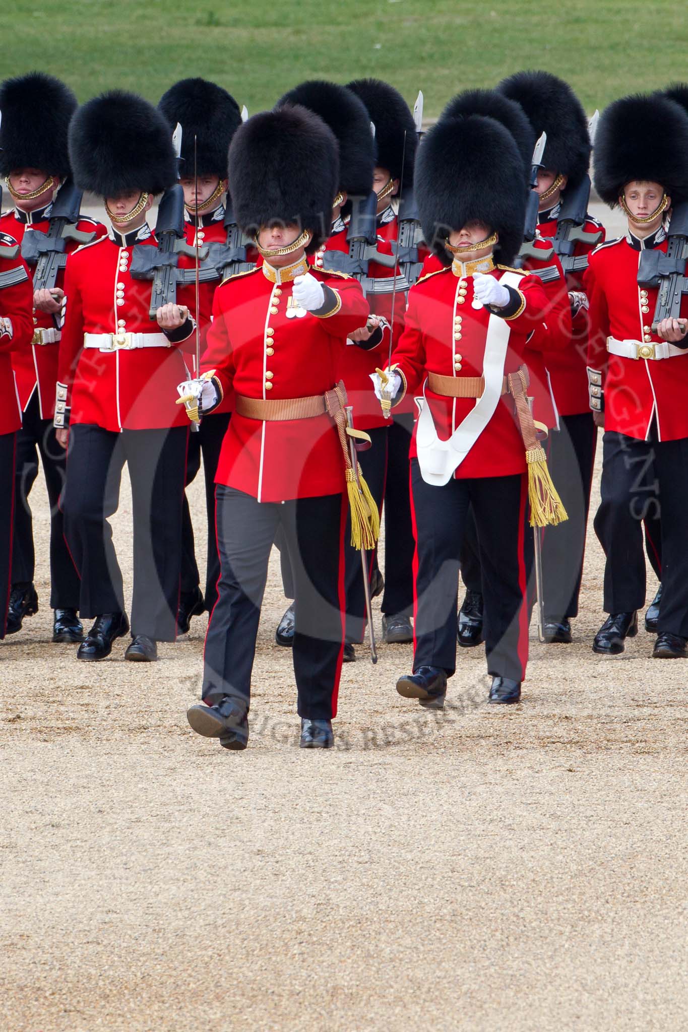 The Colonel's Review 2011: The Escort for the Colour, No.1 Guard, 1st Battalion Scots Guards, marching forward to collect the Colour. With the white colour belt, the Ensign, Lieutenant Tom Ogilvy, in front Captain D L Krause-Harder-Calthorpe..
Horse Guards Parade, Westminster,
London SW1,

United Kingdom,
on 04 June 2011 at 11:16, image #121