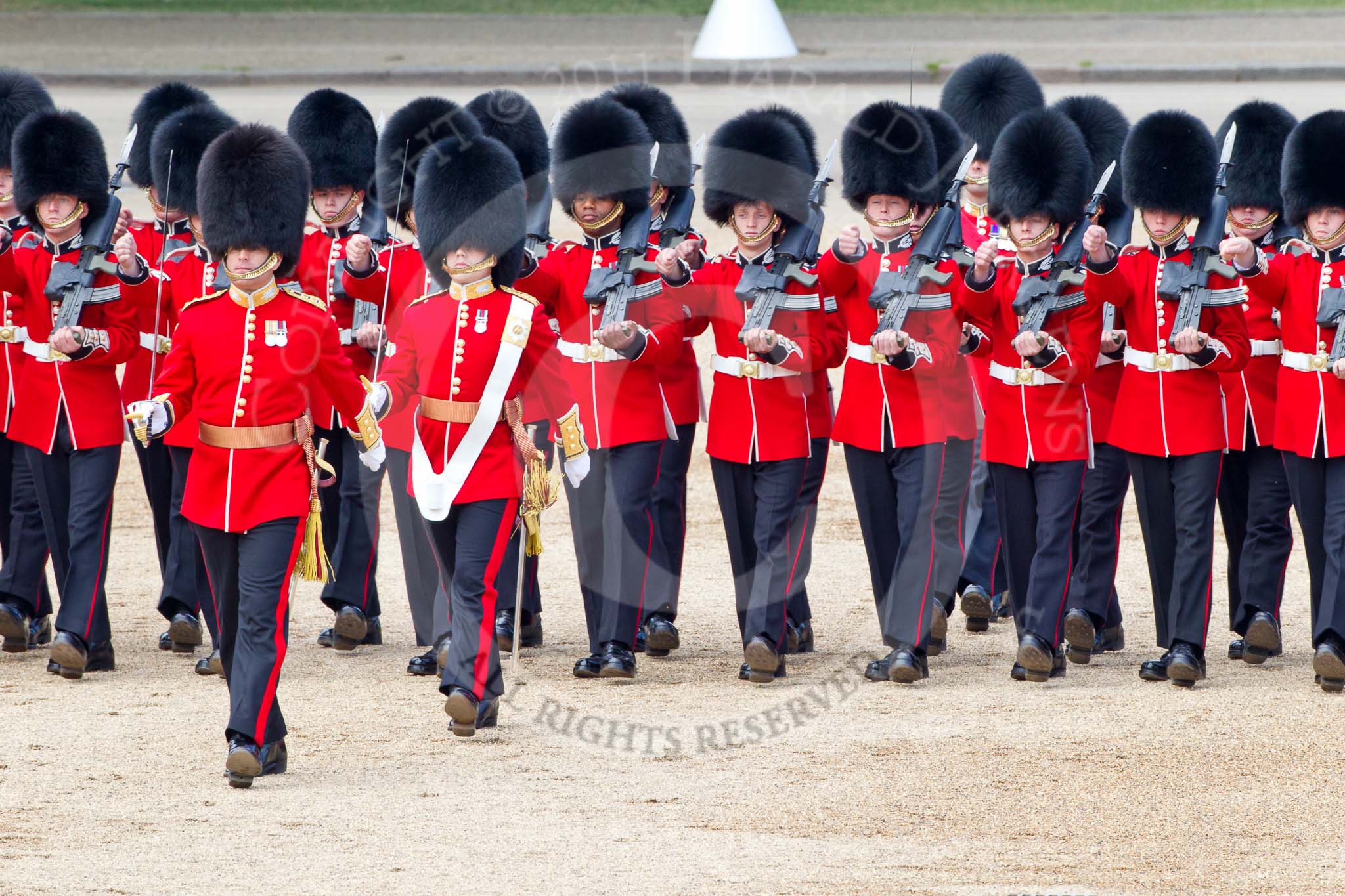 The Colonel's Review 2011: The Escort for the Colour, No.1 Guard, 1st Battalion Scots Guards, marching forward to collect the Colour. With the white colour belt, the Ensign, Lieutenant Tom Ogilvy, in front Captain D L Krause-Harder-Calthorpe..
Horse Guards Parade, Westminster,
London SW1,

United Kingdom,
on 04 June 2011 at 11:16, image #122