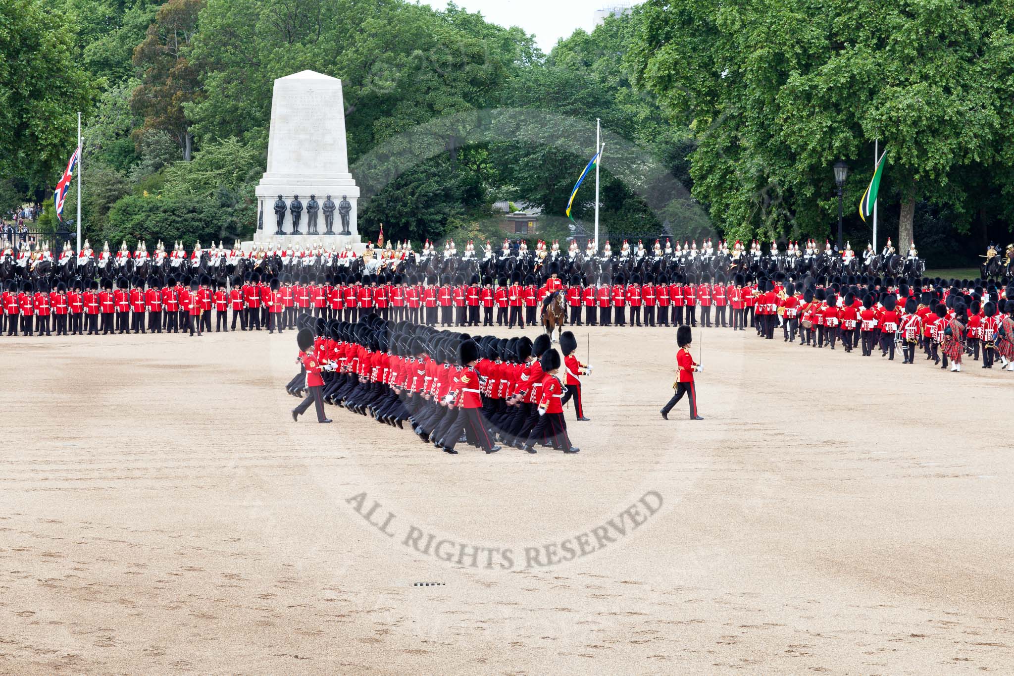 The Colonel's Review 2011: The Escort for the Colour, No.1 Guard, 1st Battalion Scots Guards, marching forward to collect the Colour. In front Captain D L Krause-Harder-Calthorpe, behind him the Ensign, Lieutenant Tom Ogilvy. Marching behind the two lines of guardsmen Regimental Sergeant Major A I Mackenzie..
Horse Guards Parade, Westminster,
London SW1,

United Kingdom,
on 04 June 2011 at 11:17, image #125