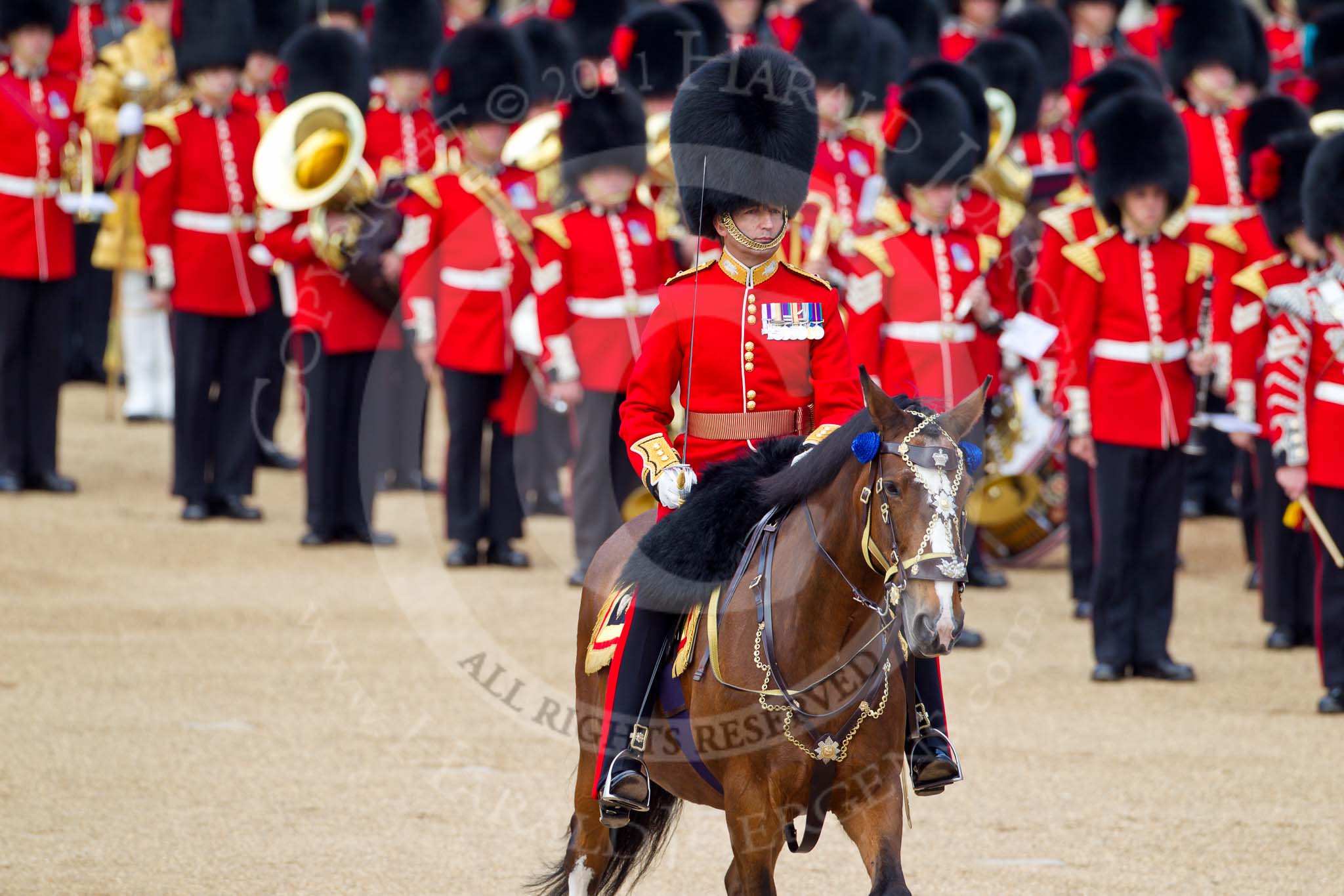 The Colonel's Review 2011: The Field Officer, Lieutenant Colonel L P M Jopp, about to order the Collection of the Colour. Behind him the Massed Bands..
Horse Guards Parade, Westminster,
London SW1,

United Kingdom,
on 04 June 2011 at 11:19, image #128