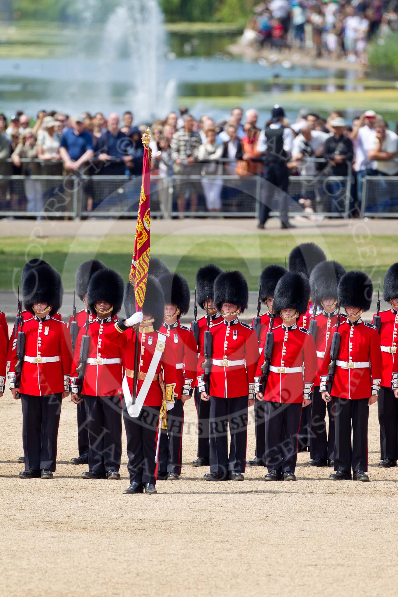 Photo 110604_115021_1D4_1199HaraldJoergens_ The Colonel's Review 2011: After completing the March Past, the Ensign, Lieutenant Tom Ogilvy, has moved to the front of No. 1 Guard, the Escort to the Colour..
Horse Guards Parade, Westminster,
London SW1,
United Kingdom,
on 04 June 2011 at 11:50, image #224