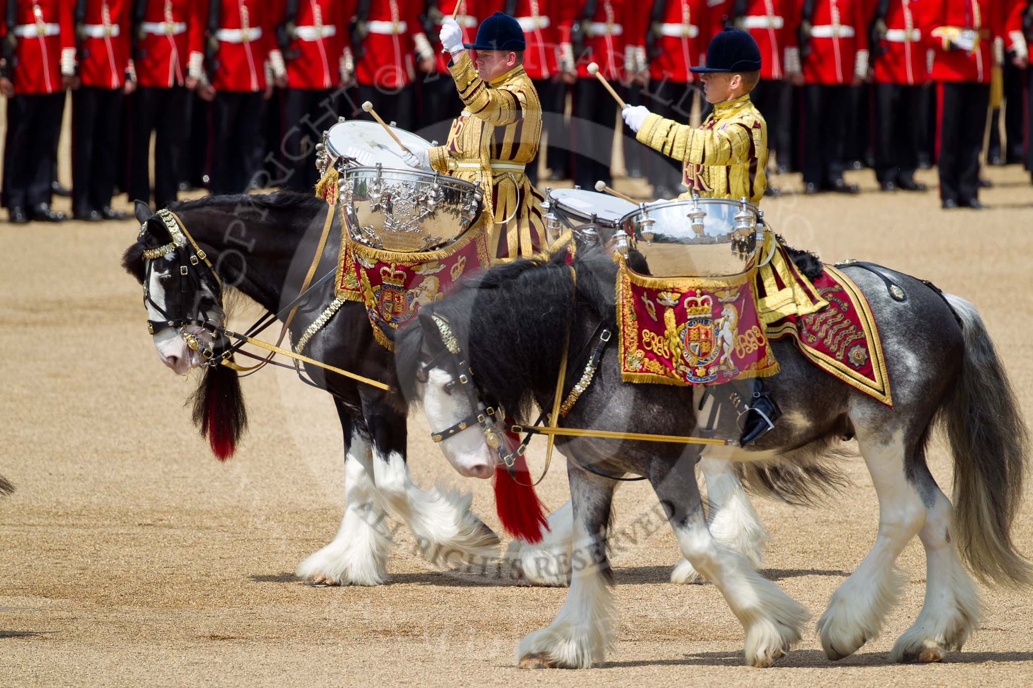 The Colonel's Review 2011: The two kettle drummers, riding their drum horses..
Horse Guards Parade, Westminster,
London SW1,

United Kingdom,
on 04 June 2011 at 11:52, image #231