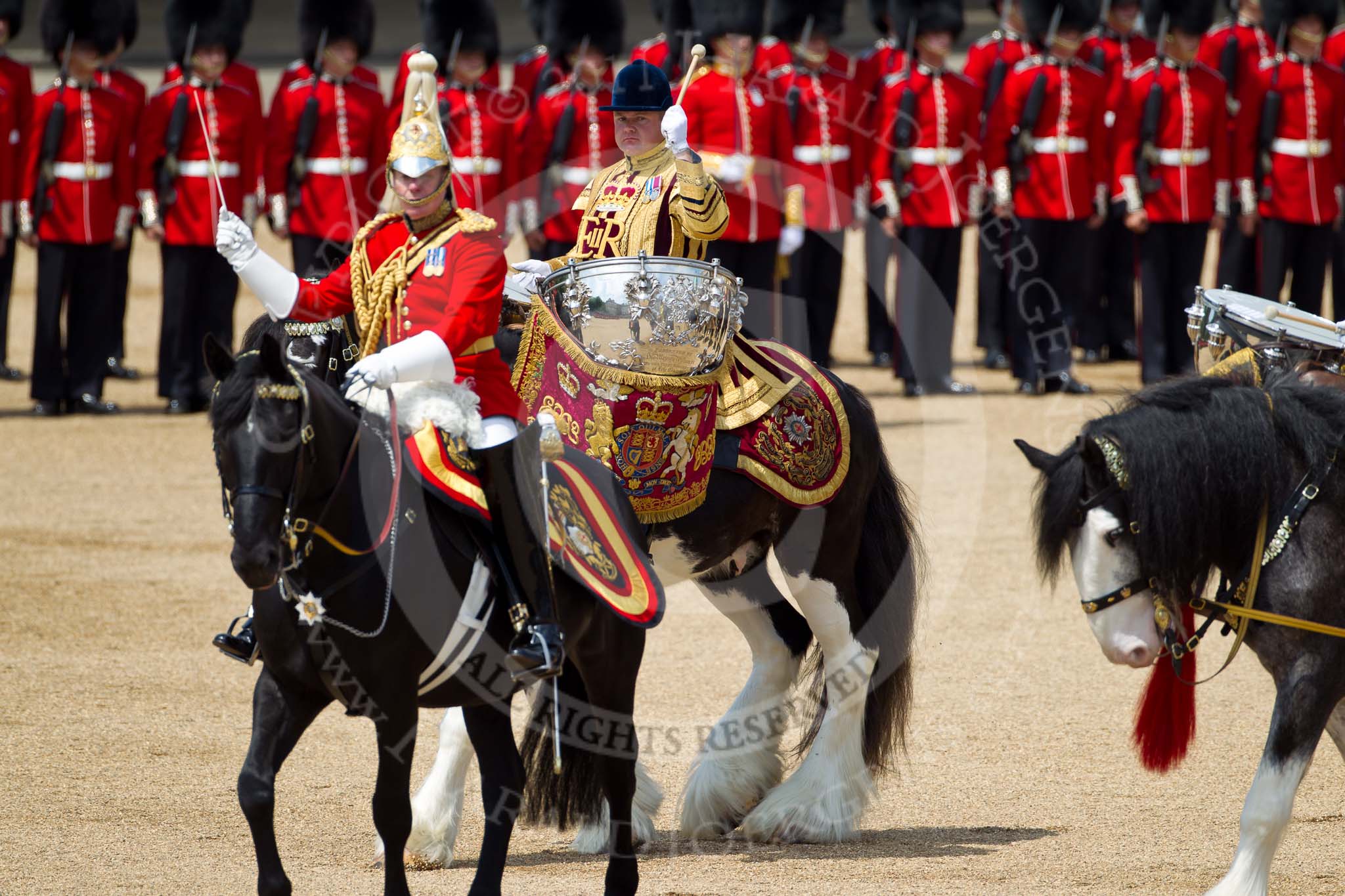 The Colonel's Review 2011: The Director of Music, Major K L Davies, The Life Guards, followed by the two kettle drummers..
Horse Guards Parade, Westminster,
London SW1,

United Kingdom,
on 04 June 2011 at 11:52, image #232