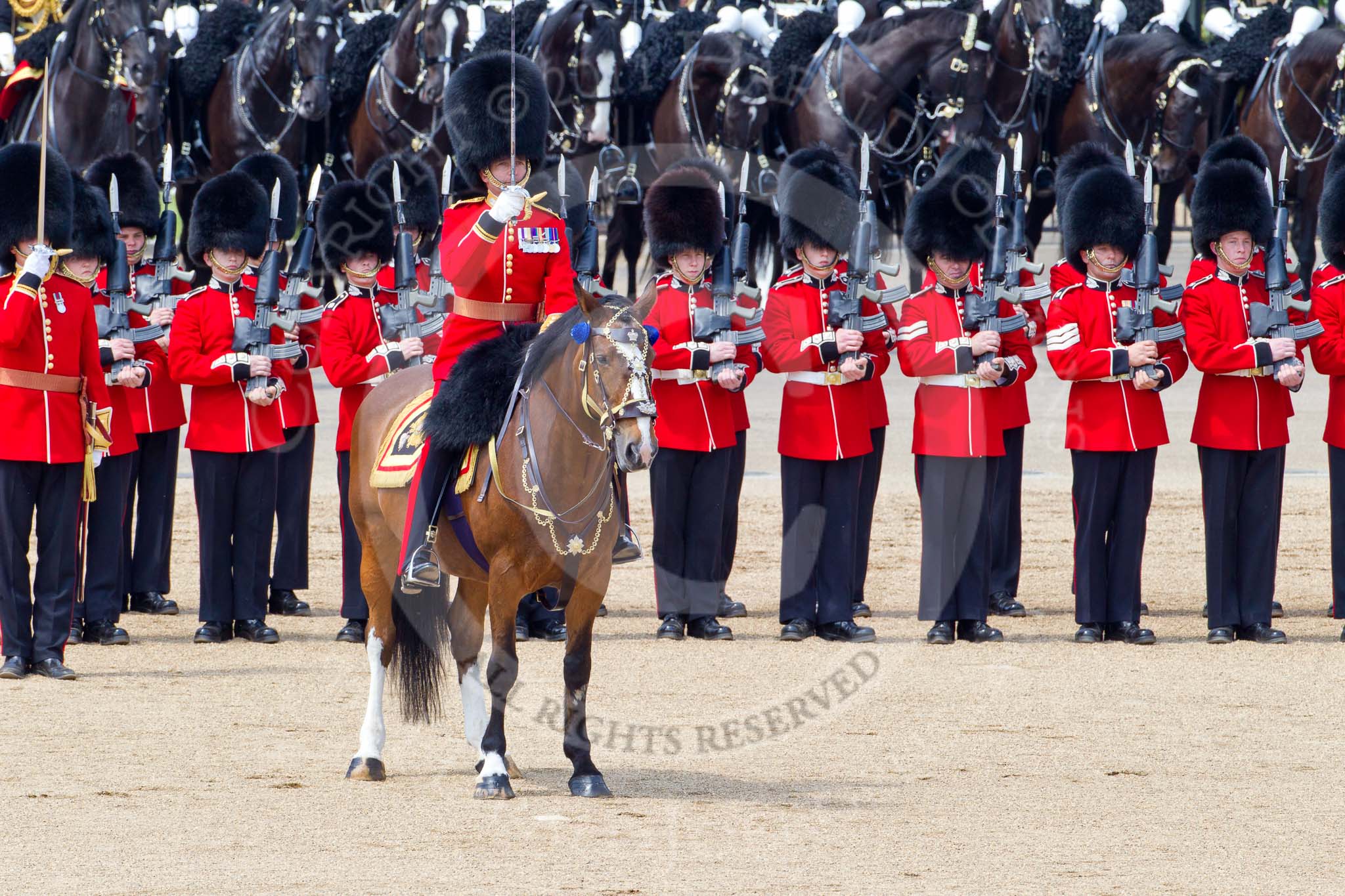 The Colonel's Review 2011: The Field Officer, Lieutenant Colonel L P M Jopp, riding 'Burniston', here in front of No. 2 Guard, B Company Scots Guards, commanding the last phase of the rehearsal..
Horse Guards Parade, Westminster,
London SW1,

United Kingdom,
on 04 June 2011 at 12:00, image #270