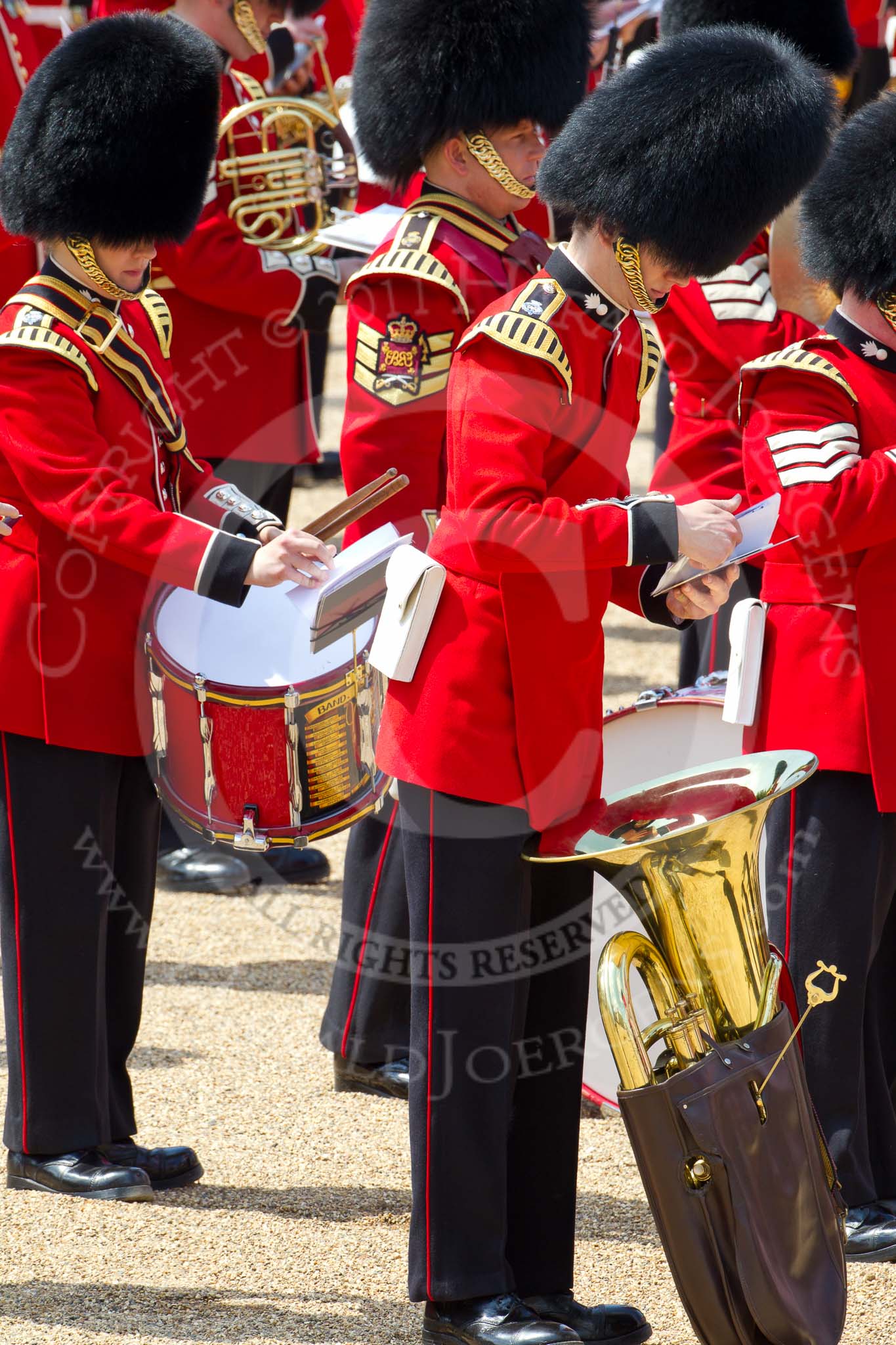 The Colonel's Review 2011: Close-up of a Trombonist and a Drummer of the Grenadier Guards..
Horse Guards Parade, Westminster,
London SW1,

United Kingdom,
on 04 June 2011 at 12:03, image #277