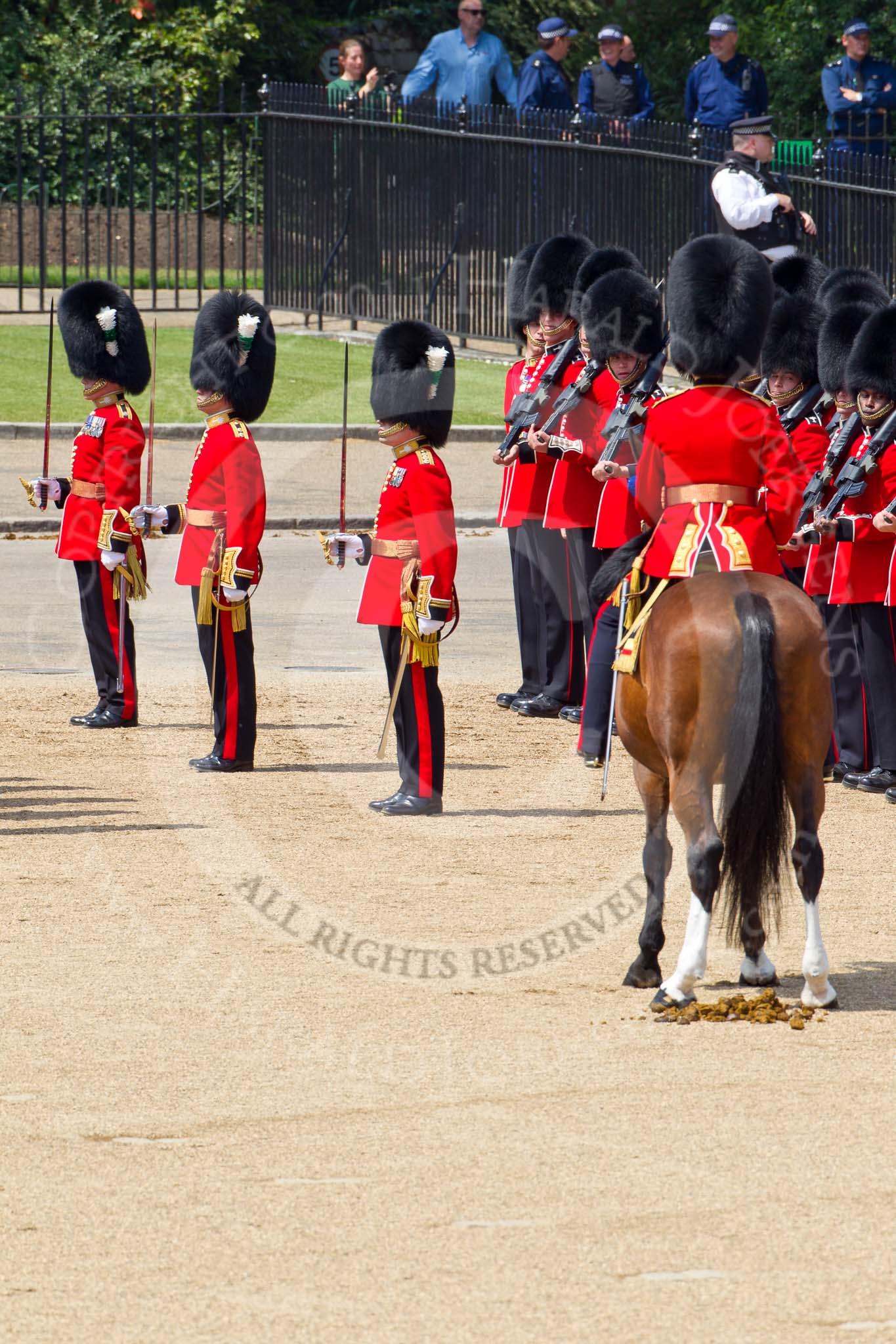 The Colonel's Review 2011: No. 5 Guard, 1st Battalion Welsh Guards. The officers in front, from left to right the Captain of the Guard, Major E J Mellish, the Ensign, Lieutenant F J Wright, and the Subaltern, Captain G C F Charles-Jones..
Horse Guards Parade, Westminster,
London SW1,

United Kingdom,
on 04 June 2011 at 12:04, image #279