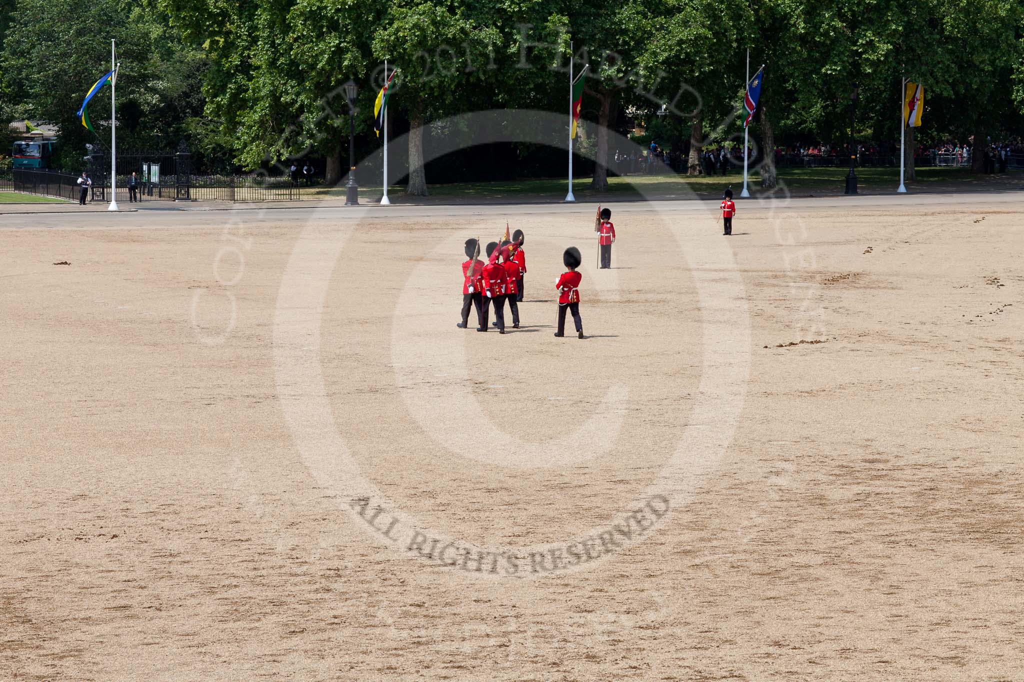 Photo 110604_121106_5D2_5022HaraldJoergens_ The Colonel's Review 2011: At the end of the parade, the last guardsmen to leave Horse Guards Parade are the 'Keepers of the Ground' that marked the position of the individal divisions on the parade ground with their marker flags..
Horse Guards Parade, Westminster,
London SW1,
United Kingdom,
on 04 June 2011 at 12:11, image #305