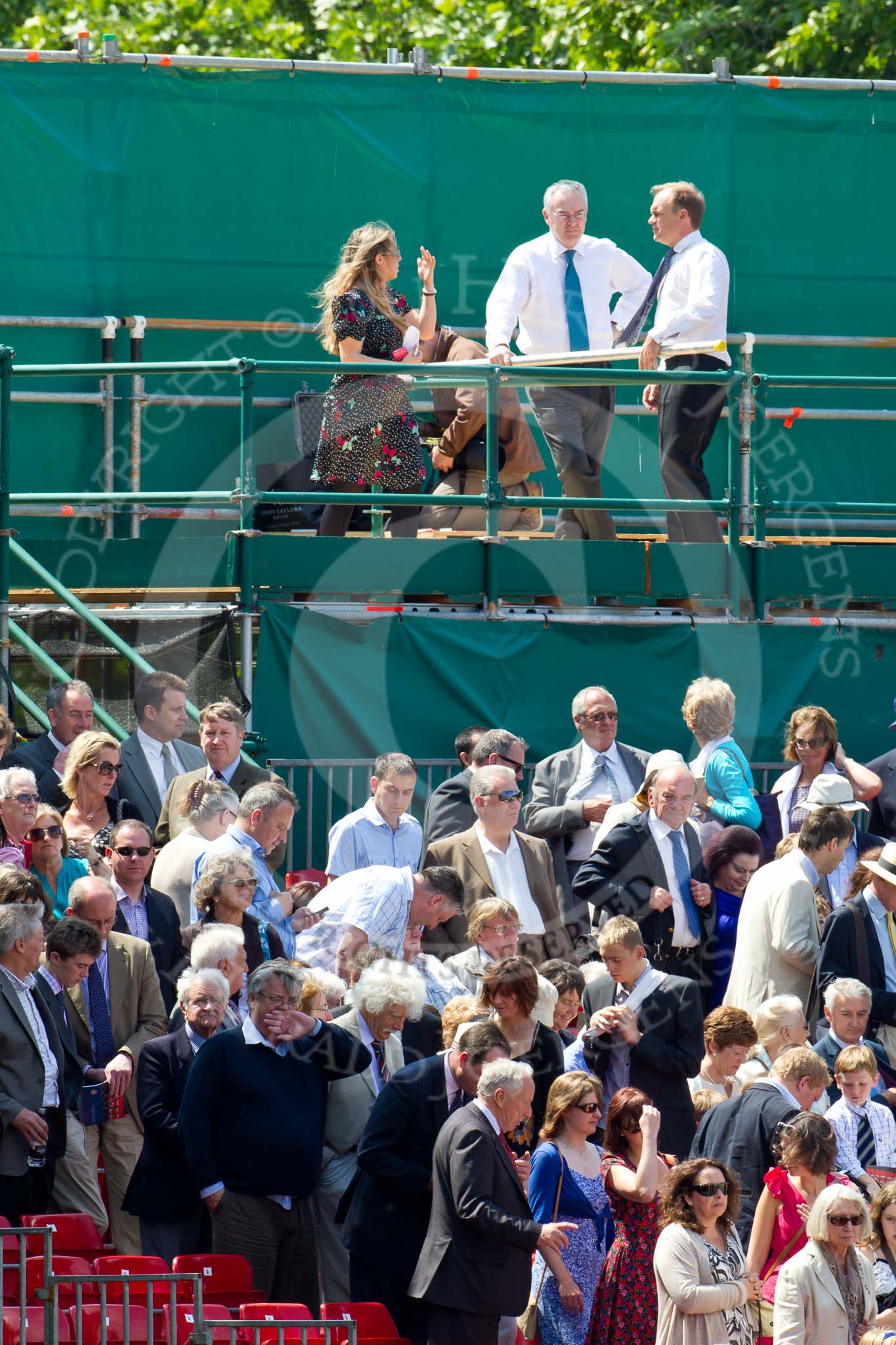 The Colonel's Review 2011: The BBC's Huw Edwards, top centre, on a press stand at the Downing Street side of Horse Guards Parade. Huw Edwards and his team do the live commentary and backround stories about the event televised nationwide..
Horse Guards Parade, Westminster,
London SW1,

United Kingdom,
on 04 June 2011 at 12:16, image #311