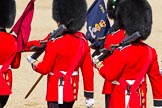 The Colonel's Review 2011: The 'Keepers of the Ground' marching back from Horse Guards Arch onto the parade ground, to mark the place for their guard. 
The blue flag, of B Company, 1st Battalion Scots Guards (No. 2 Guard on this parade), carries the motto 'Terrorem affero' - 'I carry terror with me'..
Horse Guards Parade, Westminster,
London SW1,

United Kingdom,
on 04 June 2011 at 10:16, image #14