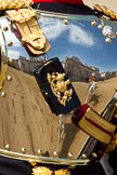 The Colonel's Review 2011: The read shield of Major Twumasi-Ankrah, Blues and Royals, standing in for the Princess Royal, reflecting Horse Guards Building and the following members of the Royal Procession..
Horse Guards Parade, Westminster,
London SW1,

United Kingdom,
on 04 June 2011 at 11:01, image #90