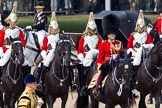 The Colonel's Review 2011: During the Colonel's Review, here inspecting the line,Brigade Major Household Division, Lieutenant Colonel A P Speed, behind him the four Troopers of The Life Guards, followed by head coachman Jack Hargreaves with the Windsor Grey horses that would pull the ivory mounted phaeton on parade..
Horse Guards Parade, Westminster,
London SW1,

United Kingdom,
on 04 June 2011 at 11:05, image #96