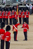 The Colonel's Review 2011: Handing over the Colour. The Regimental Sergeant Major, A I Mackenzie, has put the Colour into the white colour belt of the Ensign, Lieutenant Tom Ogilvy, and salutes..
Horse Guards Parade, Westminster,
London SW1,

United Kingdom,
on 04 June 2011 at 11:20, image #134