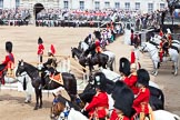 The Colonel's Review 2011: The saluting stand, empty, as it is a rehearsal, during the March Past of the Foot Guards. On the left side of the stand, Major Twumasi-Ankrah, Blues and Royals, standing in for the Princess Royal, on his right HRH Prince Edward, the Duke of Kent and Colonel in The Colonel's Review, on the right side of the stand The Queen's Stud Groom, riding in place of the Prince of Wales, and HRH Prince William, The Duke of Cambridge..
Horse Guards Parade, Westminster,
London SW1,

United Kingdom,
on 04 June 2011 at 11:36, image #174