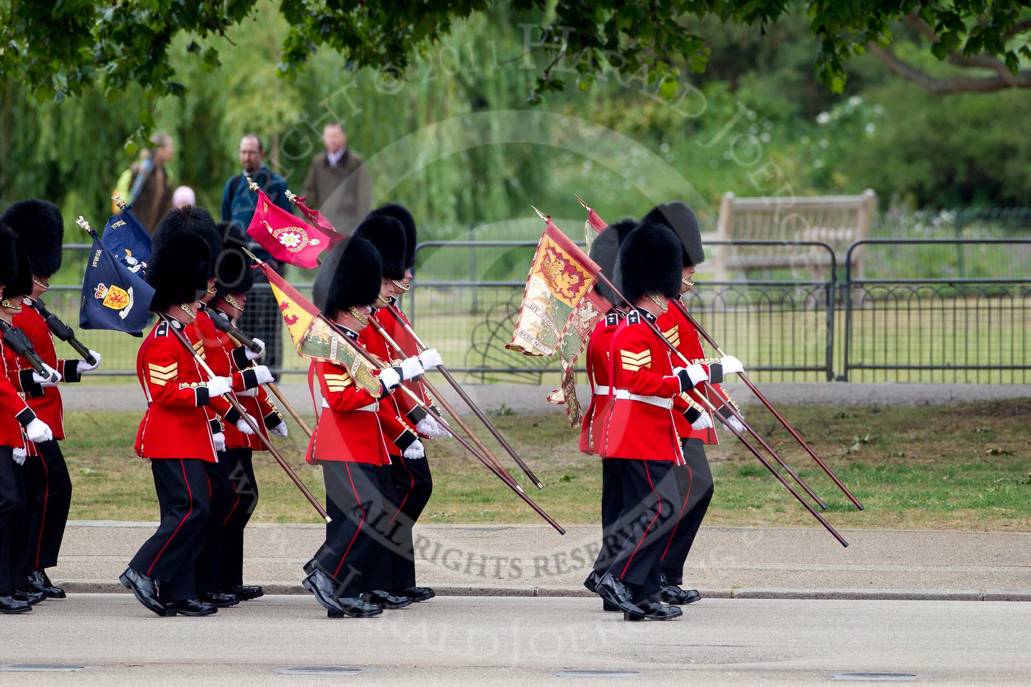The Major General's Review 2011: The 'Keepers of the Ground', guardsmen of the participating guards divisions, marching onto Horse Guards Parade. They will mark, with the regimental flags, the position of each division on the parade ground. On the right side two Welsh Guards flags sporting the Welsh dragon..
Horse Guards Parade, Westminster,
London SW1,
Greater London,
United Kingdom,
on 28 May 2011 at 09:42, image #6