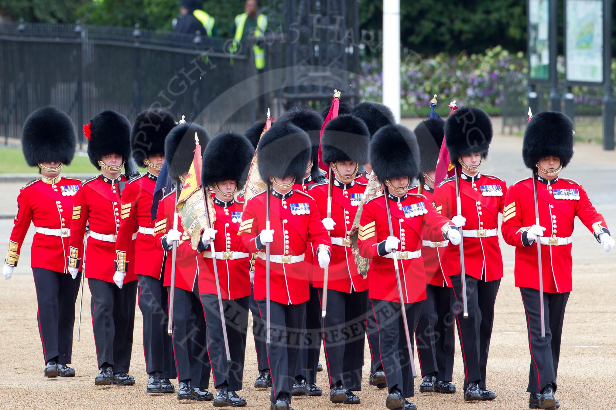 The Major General's Review 2011: The 'Keepers of the Ground', guardsmen of the participating guards divisions, marching onto Horse Guards Parade. They will mark, with the regimental flags, the position of each division on the parade ground..
Horse Guards Parade, Westminster,
London SW1,
Greater London,
United Kingdom,
on 28 May 2011 at 09:42, image #7