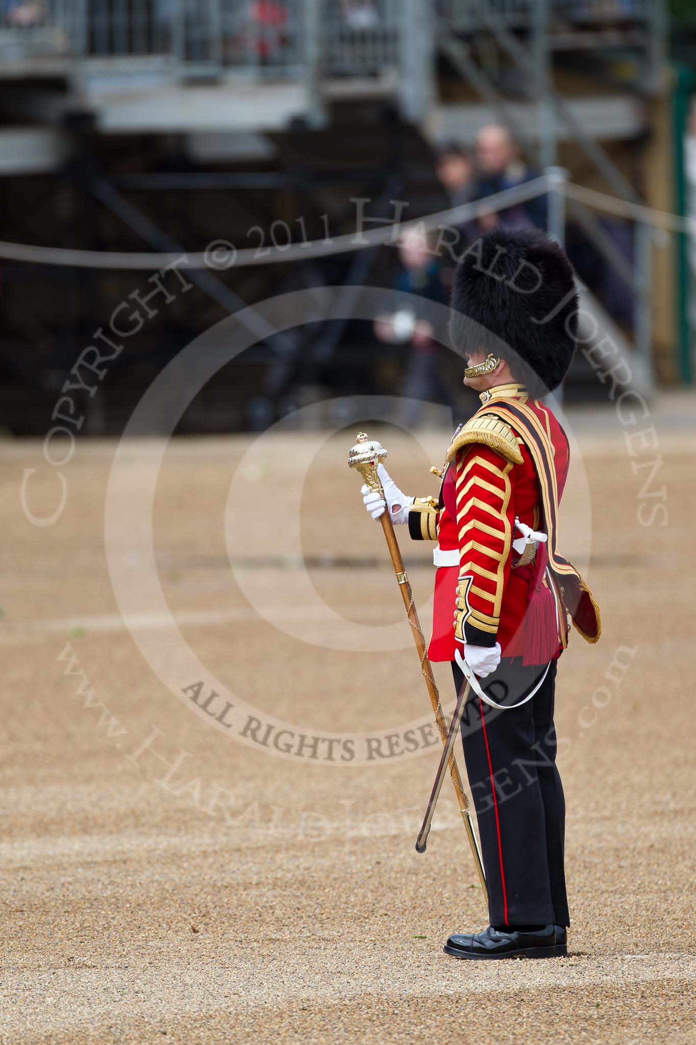 The Major General's Review 2011: The Senior Drum Major Household Division, Drum Major Ben Roberts, Coldstream Guards has turned about to face the Band he has led from Wellington Barracks to Horse Guards Parade to dress the Band and stand them at ease..
Horse Guards Parade, Westminster,
London SW1,
Greater London,
United Kingdom,
on 28 May 2011 at 10:15, image #19