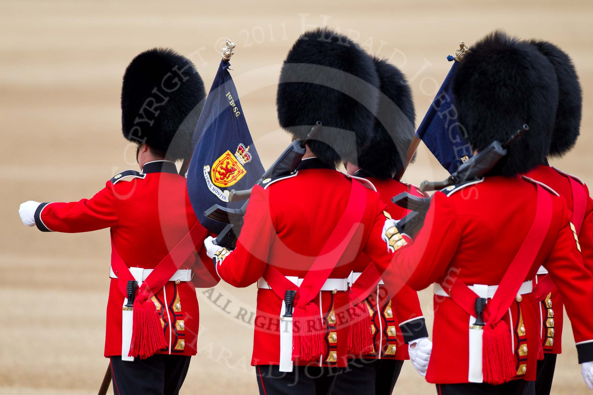 The Major General's Review 2011: The 'Keepers of the Ground', guardsmen of the participating guards divisions, marching towards their position on the parade ground. The flag of the 1st Battalion Scots Guards says 'En Ferus Hostis' - 'Behold A Fierce Enemy'..
Horse Guards Parade, Westminster,
London SW1,
Greater London,
United Kingdom,
on 28 May 2011 at 10:17, image #23
