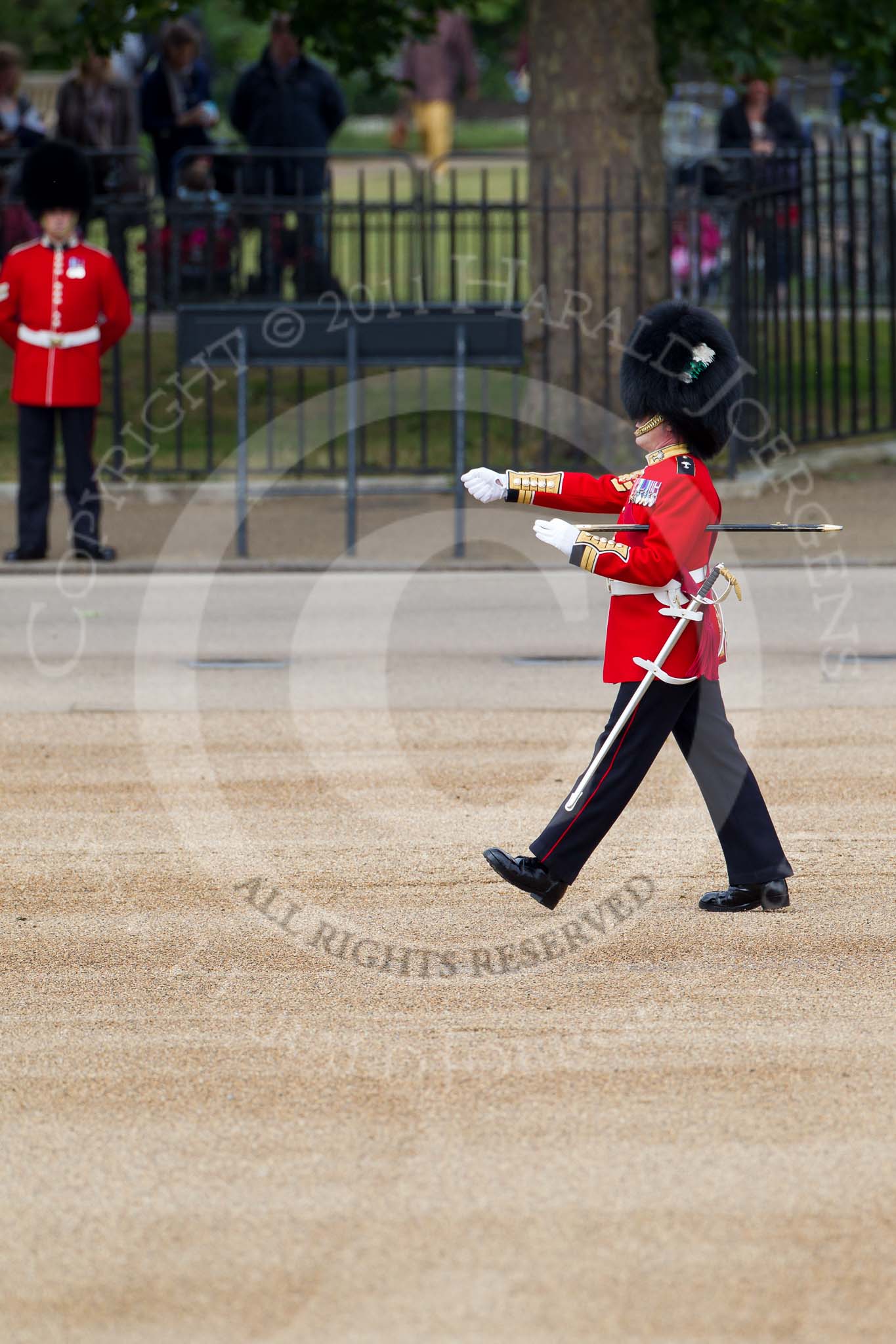 The Major General's Review 2011: The Garrison Sergeant Major, WO1 William Mott OBE, Welsh Guards, marches over the line along the West side of the Parade ground in front of the Guards Memorial where the L-shaped formation of Foot Guards will take up position and measures out the paces between the flankmen who are already in position..
Horse Guards Parade, Westminster,
London SW1,
Greater London,
United Kingdom,
on 28 May 2011 at 10:20, image #29