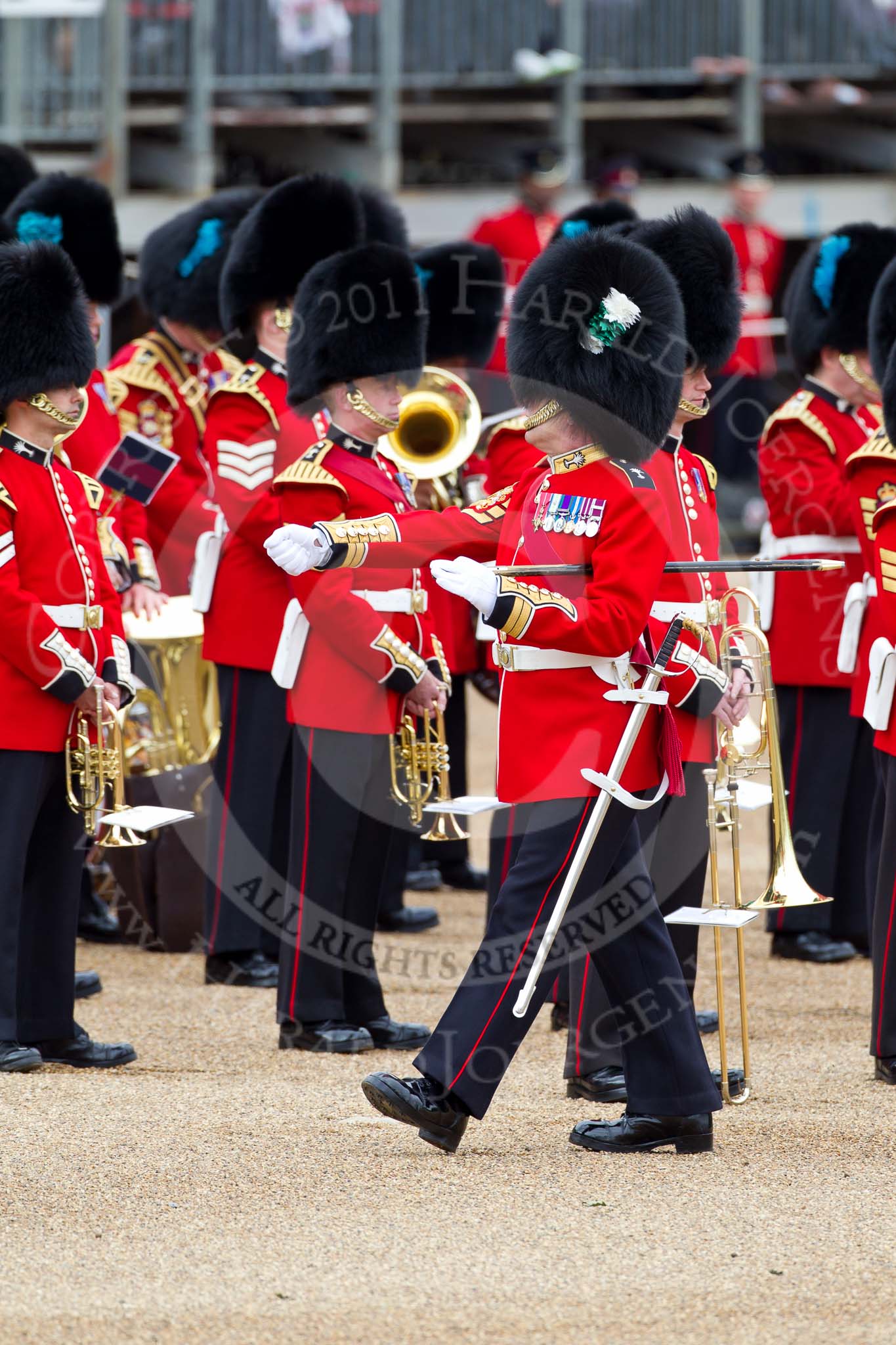 The Major General's Review 2011: WO1 (GSM) W D G 'Billy' Mott OBE, Welsh Guards, marching past the Massed Bands that have just arrived at Horse Guards Parade..
Horse Guards Parade, Westminster,
London SW1,
Greater London,
United Kingdom,
on 28 May 2011 at 10:21, image #30