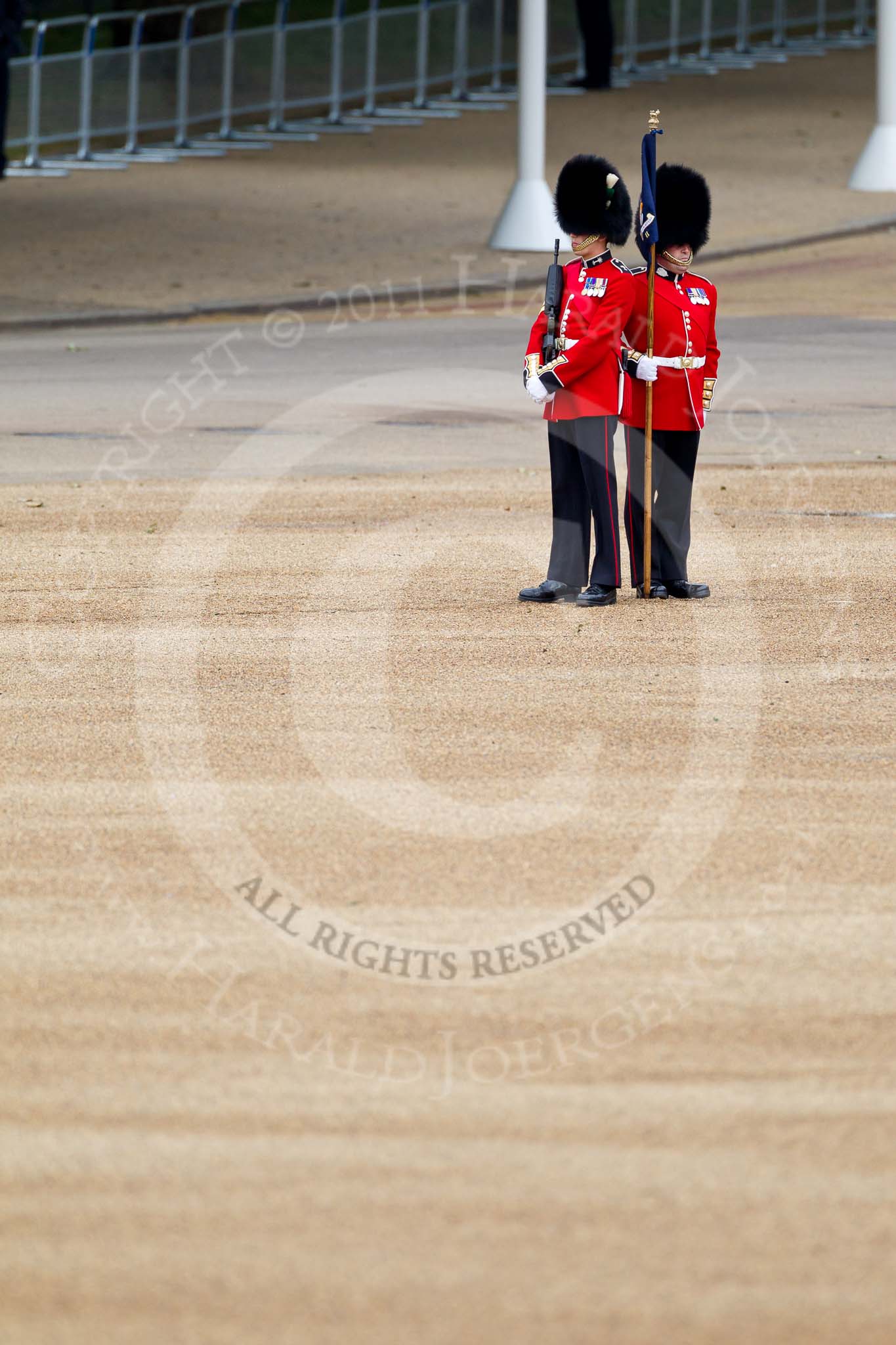 The Major General's Review 2011: Keeper of the Ground from the Scots Guards with the flag marking the position of the guard on the parade ground..
Horse Guards Parade, Westminster,
London SW1,
Greater London,
United Kingdom,
on 28 May 2011 at 10:22, image #32