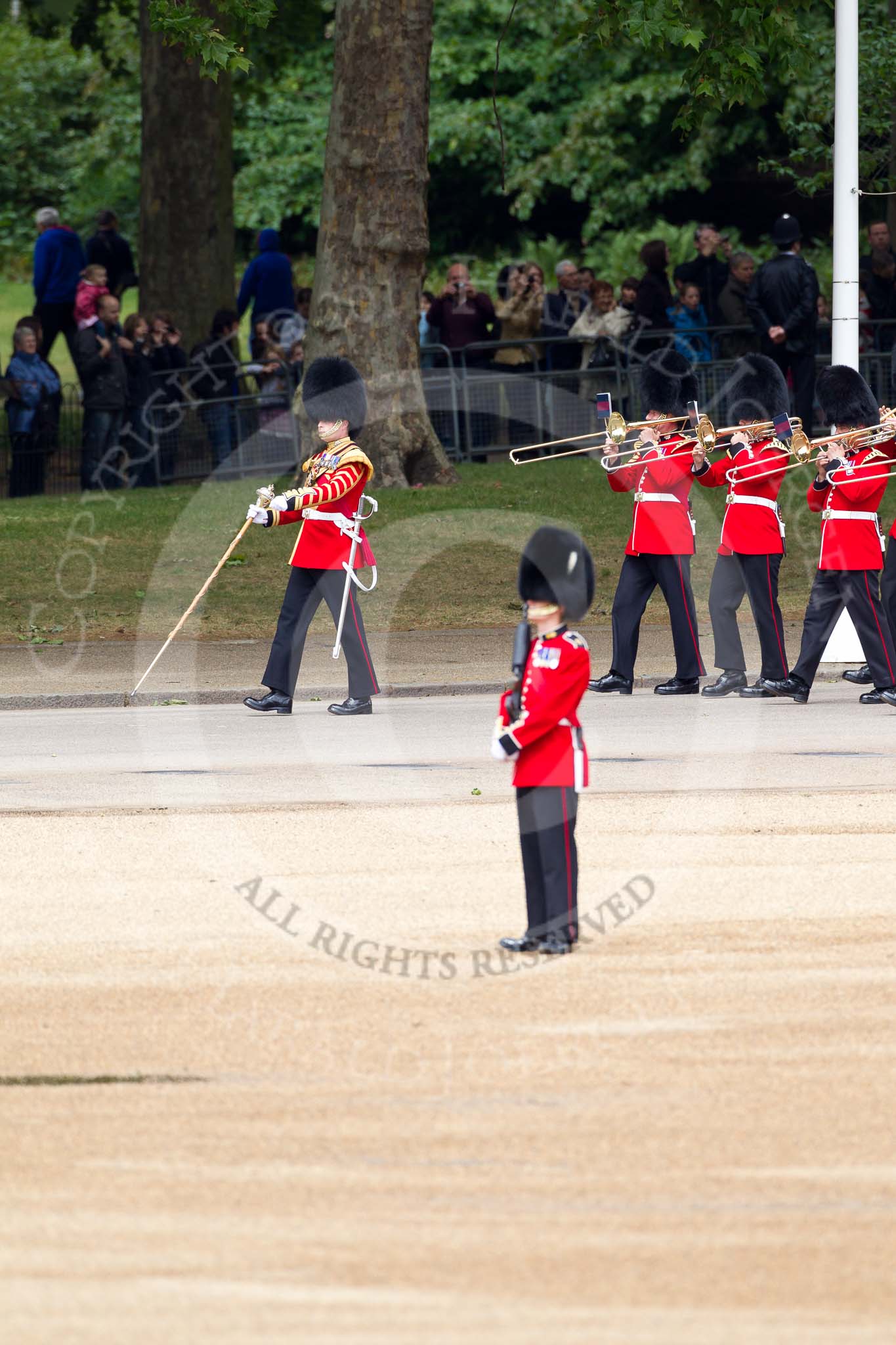 The Major General's Review 2011: Drum Major Scott Fitzgerald, Coldstream Guards, leading the Band of the Coldstream Guards along Horse Guards Road towards the parade ground..
Horse Guards Parade, Westminster,
London SW1,
Greater London,
United Kingdom,
on 28 May 2011 at 10:24, image #35