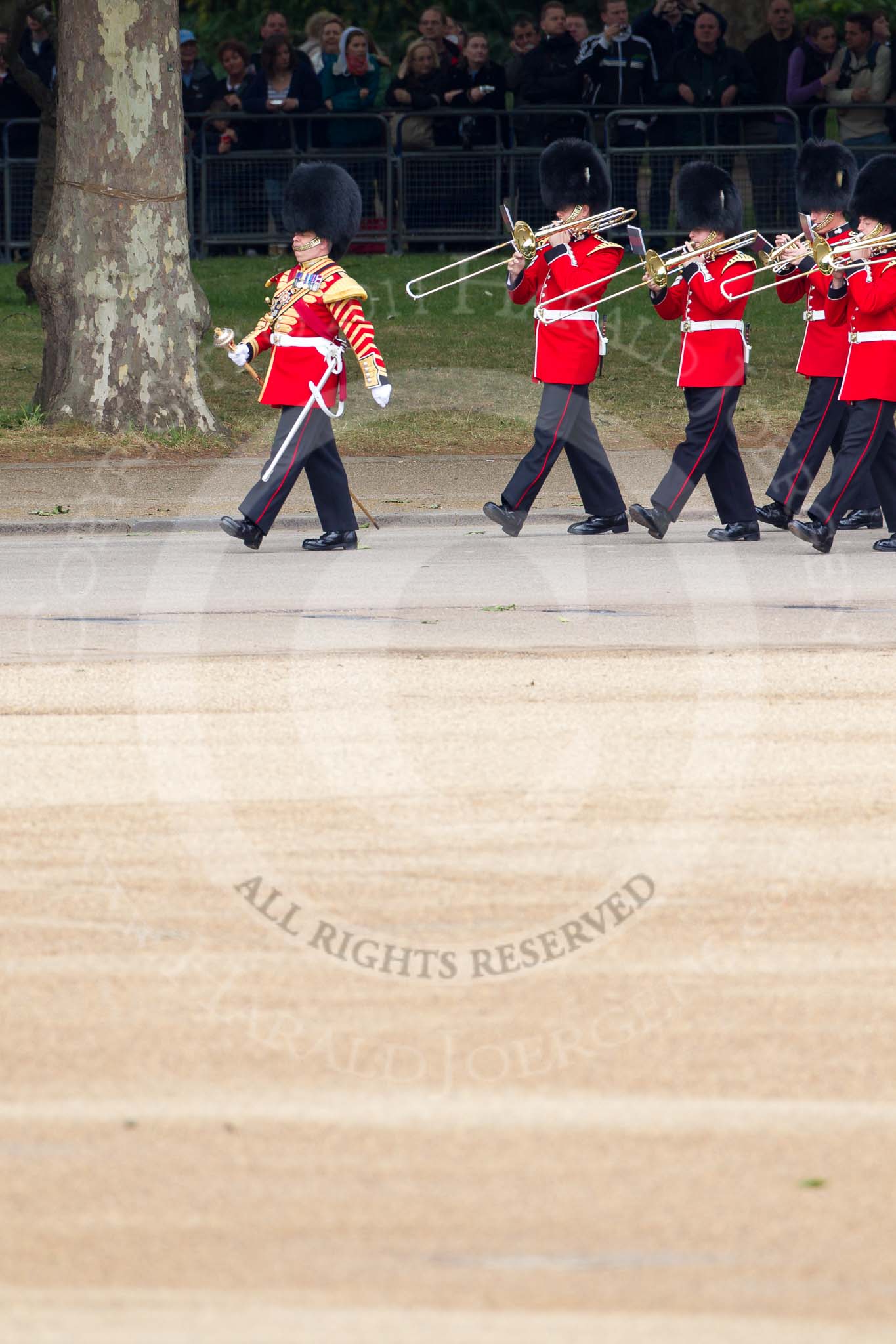 The Major General's Review 2011: Drum Major Stephen Staite, Grenadier Guards, leading the Band of the Grenadier Guards on Horse Guards Road towards the parade ground..
Horse Guards Parade, Westminster,
London SW1,
Greater London,
United Kingdom,
on 28 May 2011 at 10:26, image #40