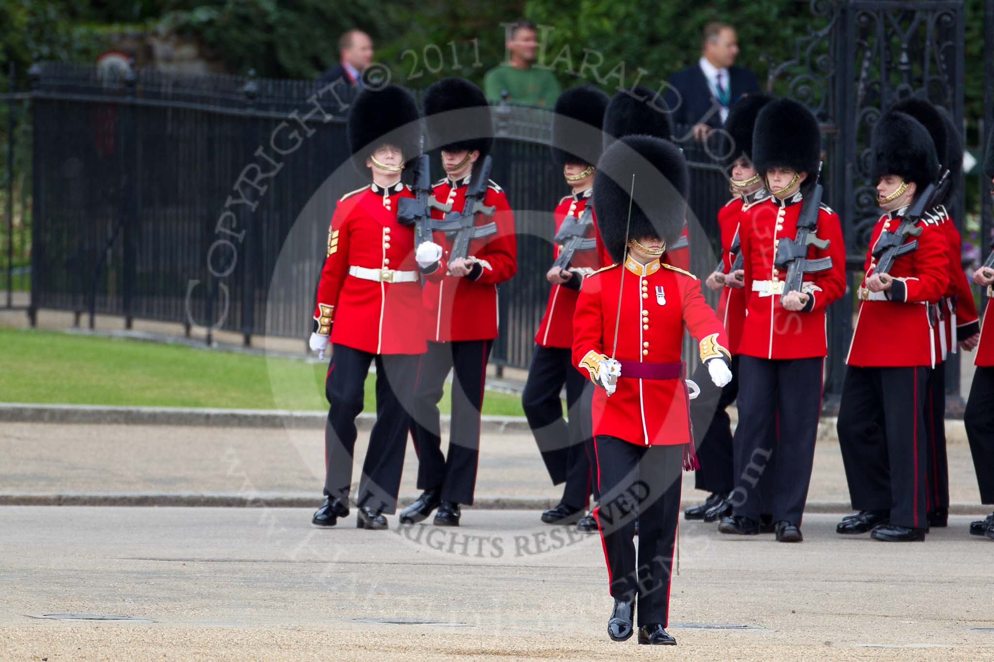 The Major General's Review 2011: No. 2 (?) Guard, B Company Scots Guards, marching to their position on Horse GuardsParade..
Horse Guards Parade, Westminster,
London SW1,
Greater London,
United Kingdom,
on 28 May 2011 at 10:27, image #42