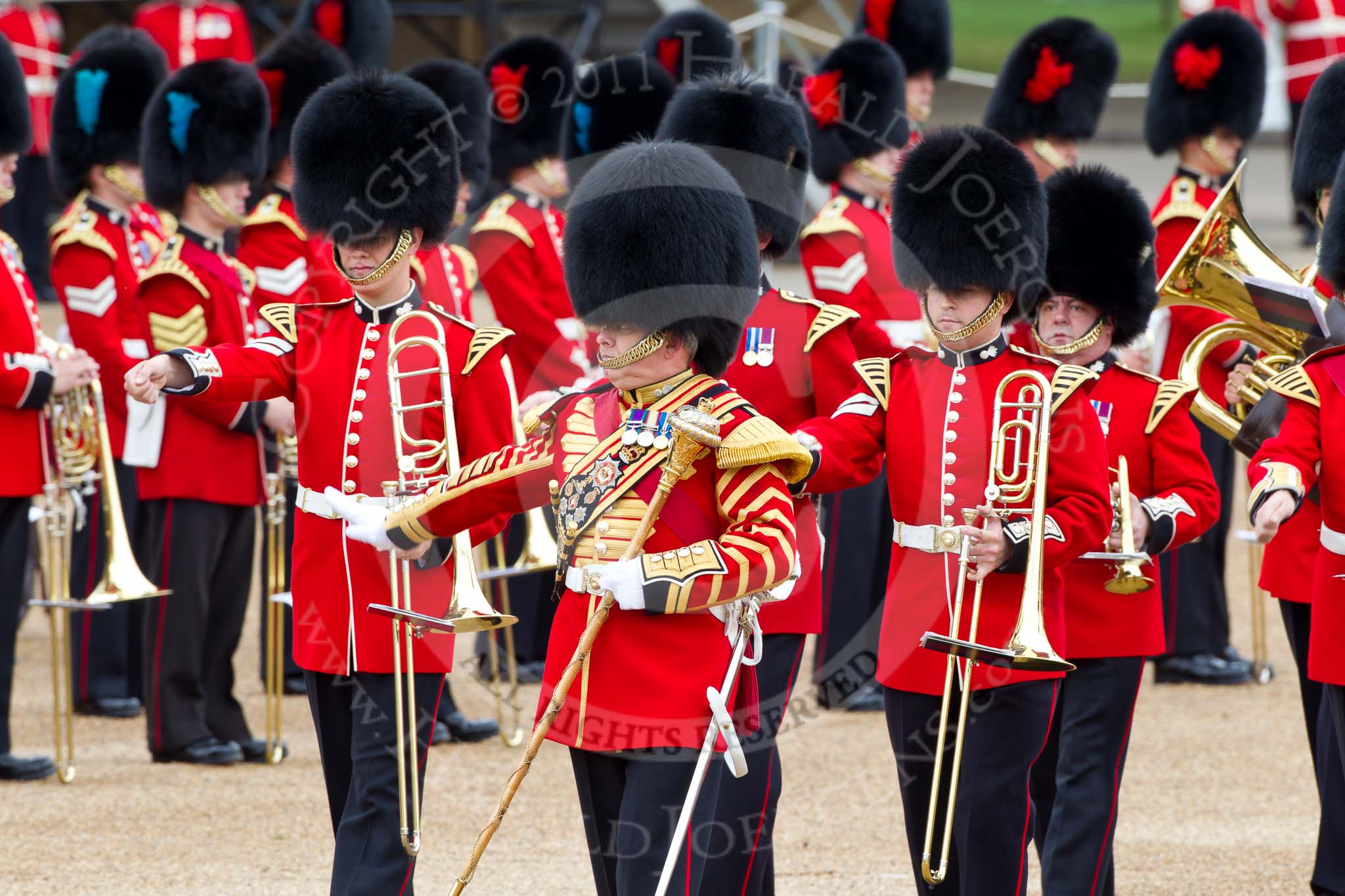 The Major General's Review 2011: Drum Major Stephen Staite, Grenadier Guards, leading the Band of the Grenadier Guards to their designated position on Horse Guards Parade..
Horse Guards Parade, Westminster,
London SW1,
Greater London,
United Kingdom,
on 28 May 2011 at 10:29, image #45