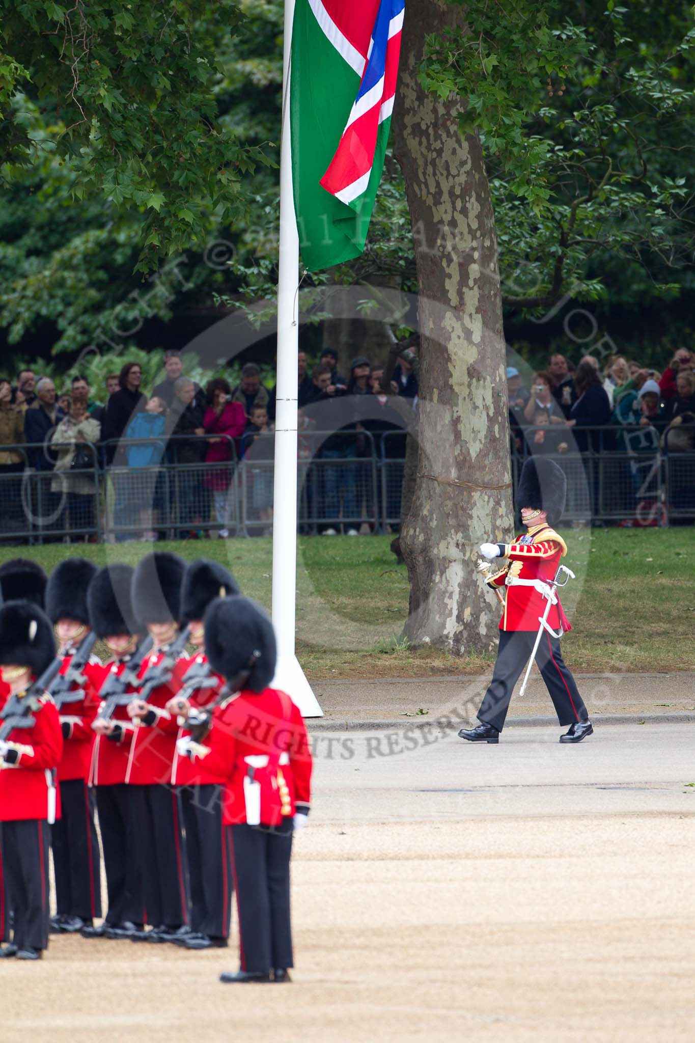 The Major General's Review 2011: Drum Major Alan Harvey, Irish Guards,
leading the Band of the Scots Guards onto Horse Guards Parade. In the background spectators watching from St. James's Park..
Horse Guards Parade, Westminster,
London SW1,
Greater London,
United Kingdom,
on 28 May 2011 at 10:30, image #50