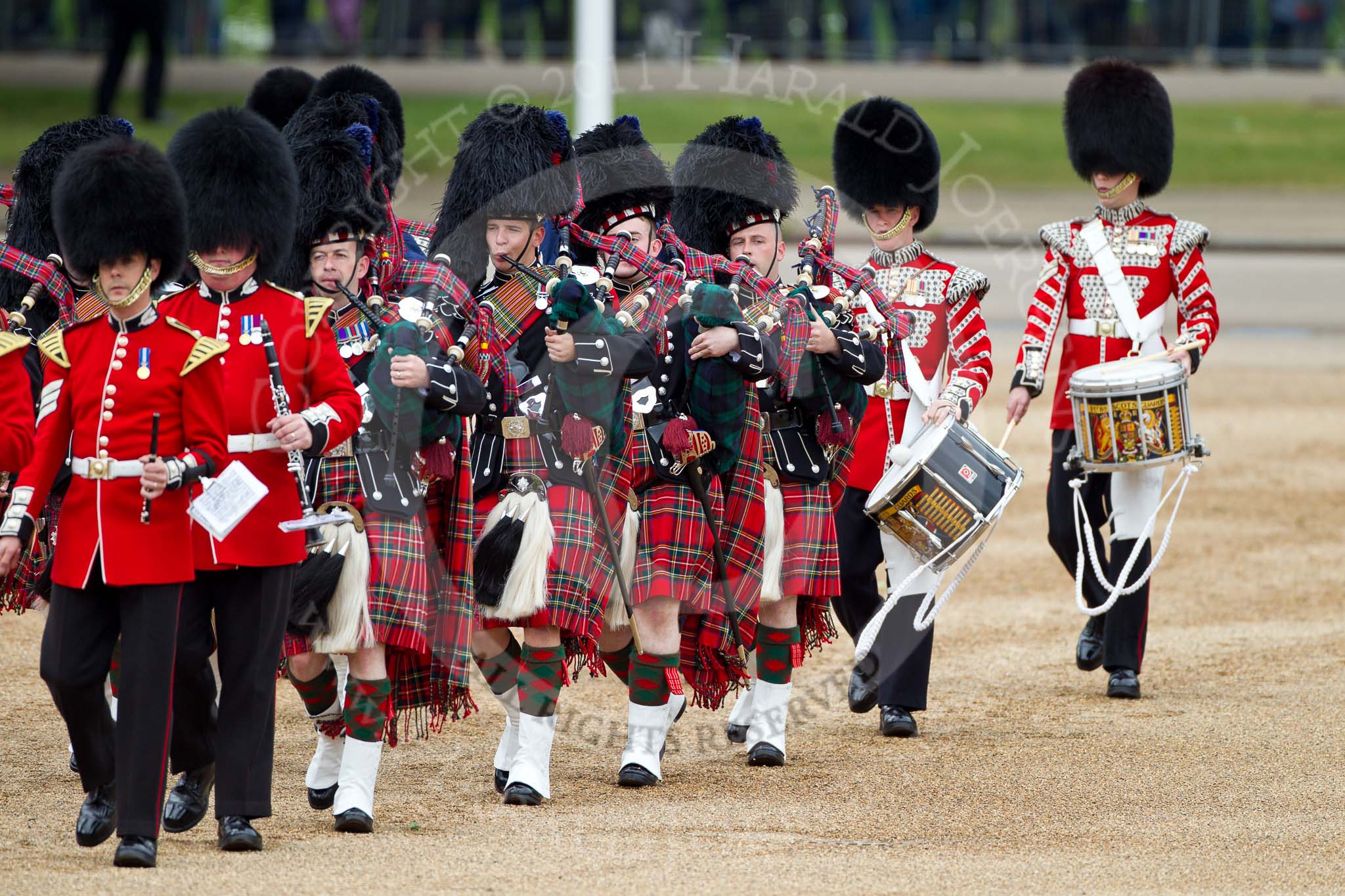The Major General's Review 2011: The Band of the Scots Guards, with the pipers and drummers, marching onto Horse Guards Parade..
Horse Guards Parade, Westminster,
London SW1,
Greater London,
United Kingdom,
on 28 May 2011 at 10:32, image #57