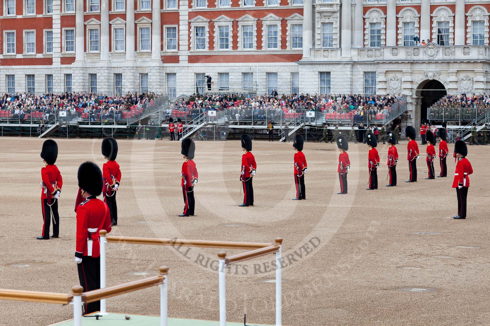 The Major General's Review 2011: Eighteen Officers, three for each Guard, await the order to take post in front of their respective Guards..
Horse Guards Parade, Westminster,
London SW1,
Greater London,
United Kingdom,
on 28 May 2011 at 10:39, image #70