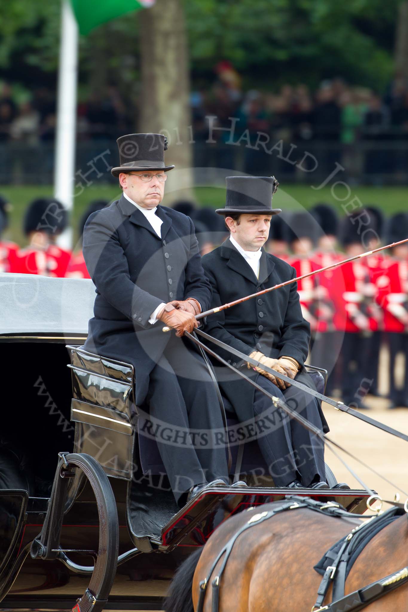 The Major General's Review 2011: The first of the two barouche carriages that would bring members of the Royal Family onto Horse Guards Parade before the Royal Procession..
Horse Guards Parade, Westminster,
London SW1,
Greater London,
United Kingdom,
on 28 May 2011 at 10:50, image #87