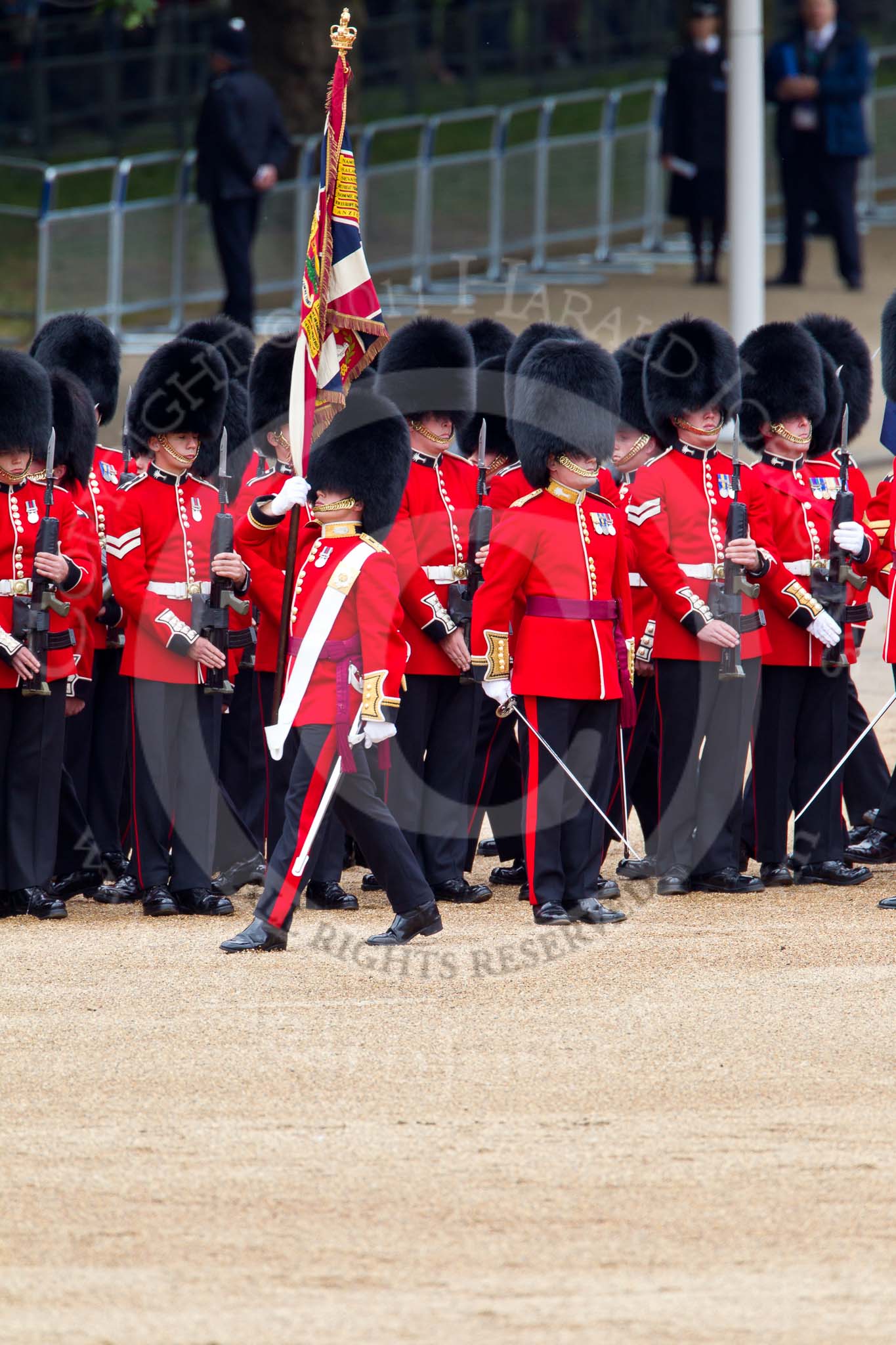 The Major General's Review 2011: The Colour is trooped through the ranks. The Ensign, Lieutenant Tom Ogilvy, is carrying the Colour in front of the two lines of guardsmen, whilst the other members of the Escort march between the two lines,.
Horse Guards Parade, Westminster,
London SW1,
Greater London,
United Kingdom,
on 28 May 2011 at 11:24, image #173