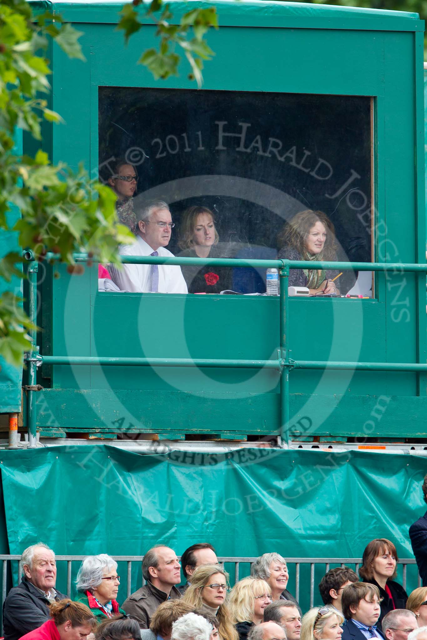 The Major General's Review 2011: The BBC's Huw Edwards with his team, observing the rehearsal from the press stand on the Downing Street side of Horse Guards Parade. Huw Edwards and Clare Balding do the live commentary and background stories for the BBC..
Horse Guards Parade, Westminster,
London SW1,
Greater London,
United Kingdom,
on 28 May 2011 at 11:25, image #176