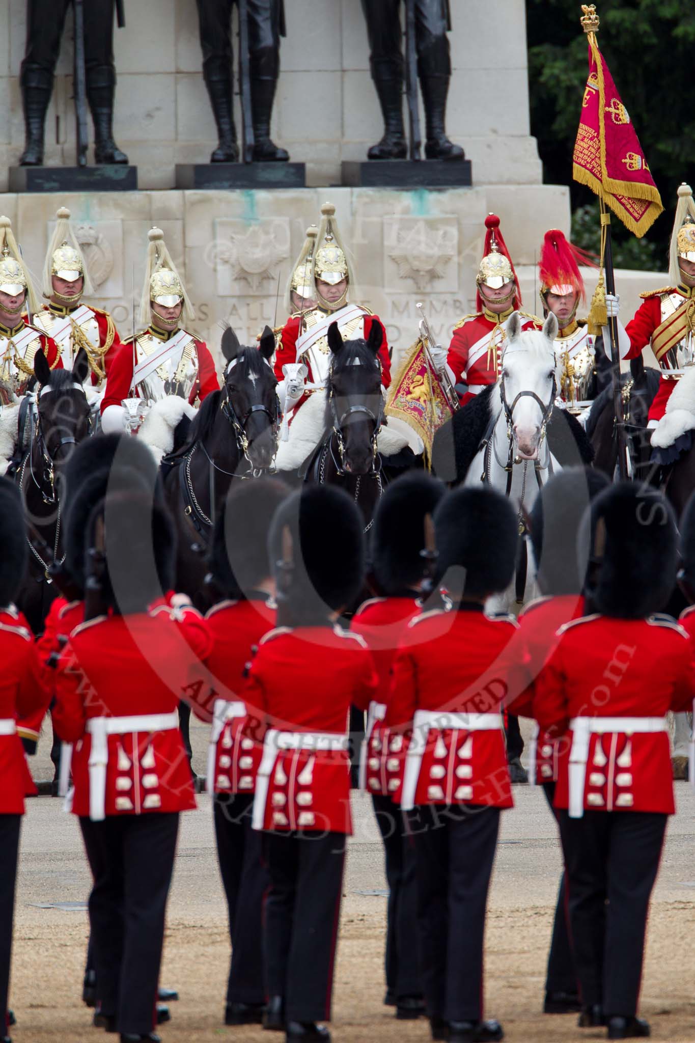 Photo 110528_112852_1D4_6586HaraldJoergens_ The Major General's Review 2011: In front of the Guards Memorial the Household Cavalry. On the left The Life Guards, on the right the Trumpeter, Standard Bearer, and Standard Coverer..
Horse Guards Parade, Westminster,
London SW1,
Greater London,
United Kingdom,
on 28 May 2011 at 11:28, image #183