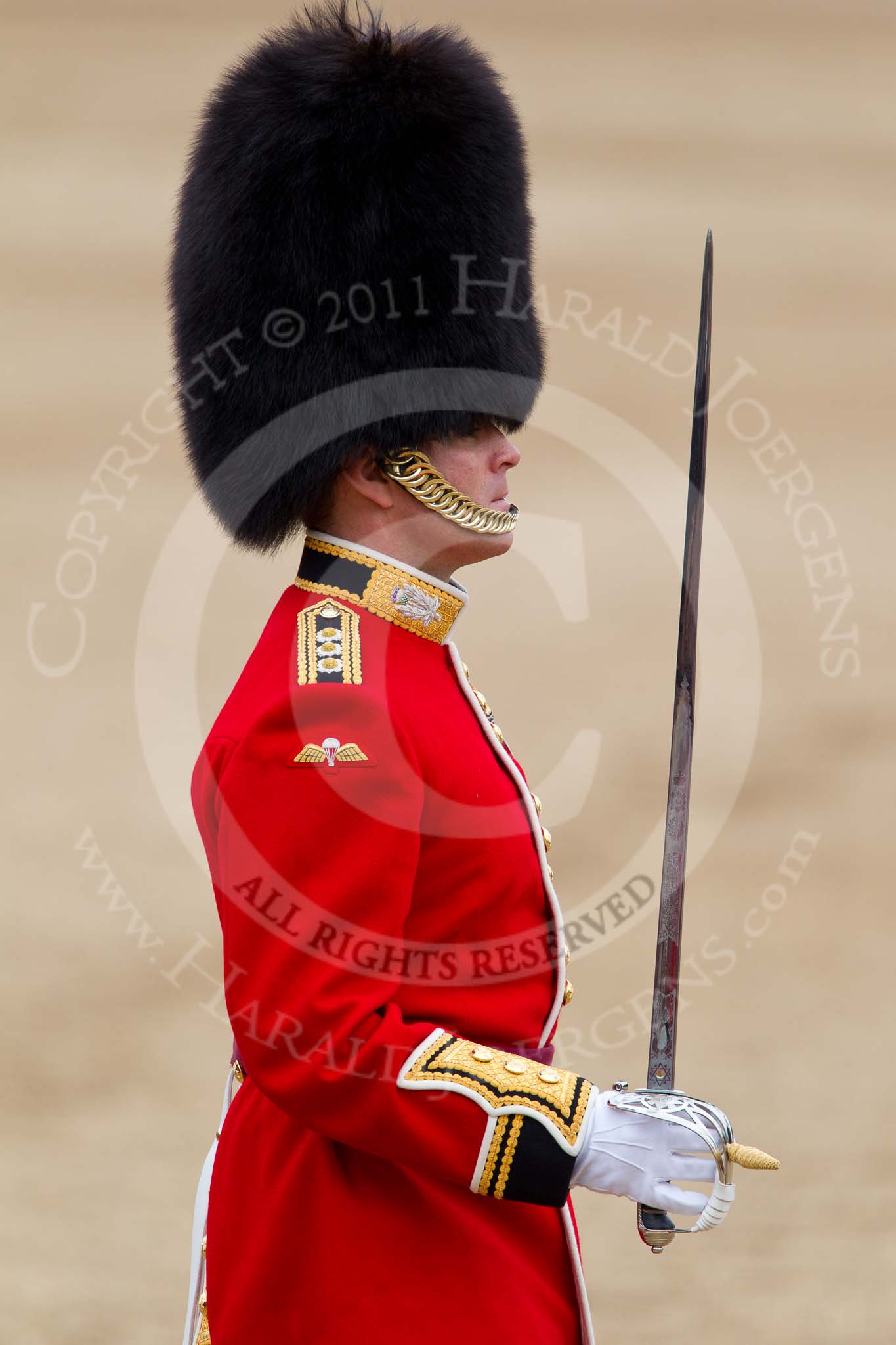The Major General's Review 2011: Captain Krause-Harder-Colthorpe, the Subaltern of the Escort. It is a long-standing tradition that the Subaltern commands the Escort during the 	actual Trooping the Colour through the ranks. He took command from the Captain of the Escort, Major Rory Shannon..
Horse Guards Parade, Westminster,
London SW1,
Greater London,
United Kingdom,
on 28 May 2011 at 11:35, image #203
