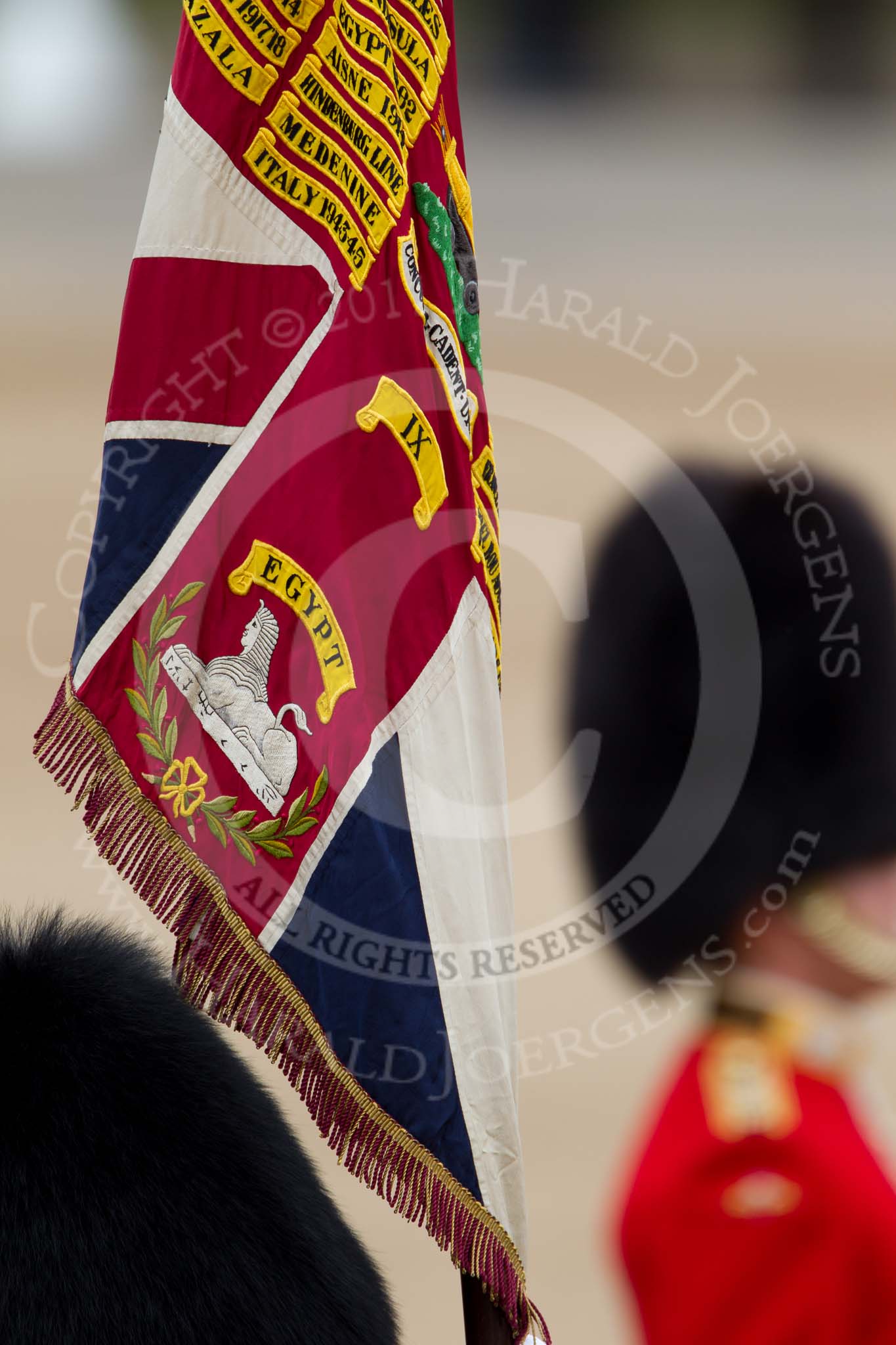 The Major General's Review 2011: A close up view of that glorious Regimental Colour of the 1st Battalion Scots Guards; which – along with the Queen’s Colour which will be Trooped on 11 June – was presented to the Battalion on 26 April 2002. Notable on the Scots Guards Colour is the Sphinx and the Battle Honour Egypt..
Horse Guards Parade, Westminster,
London SW1,
Greater London,
United Kingdom,
on 28 May 2011 at 11:35, image #204