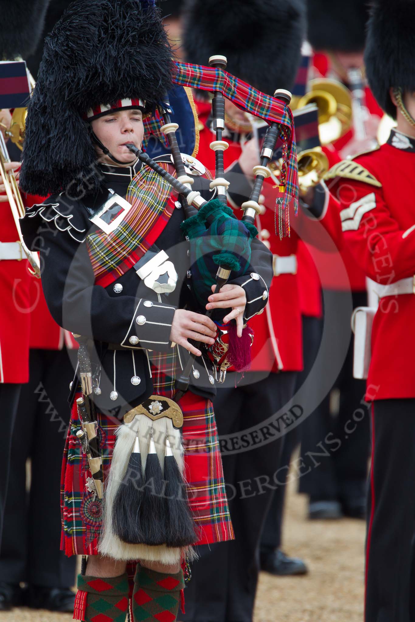 The Major General's Review 2011: A Piper of the  Band of the Scots Guards..
Horse Guards Parade, Westminster,
London SW1,
Greater London,
United Kingdom,
on 28 May 2011 at 11:45, image #225