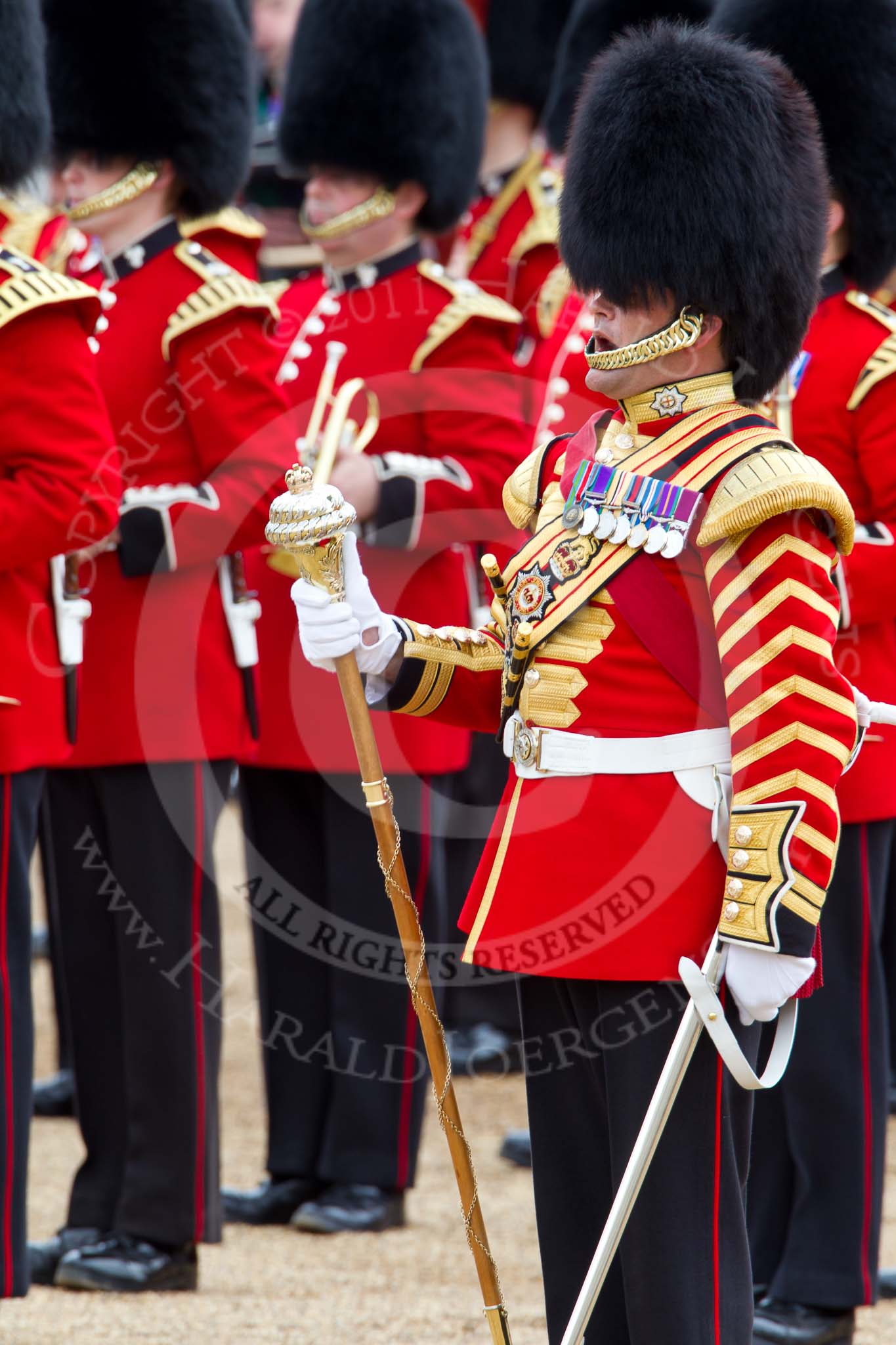 The Major General's Review 2011: Senior Drum Major Major Ben Roberts, Coldstream Guards, leading the Band of the Welsh Guards..
Horse Guards Parade, Westminster,
London SW1,
Greater London,
United Kingdom,
on 28 May 2011 at 11:51, image #234