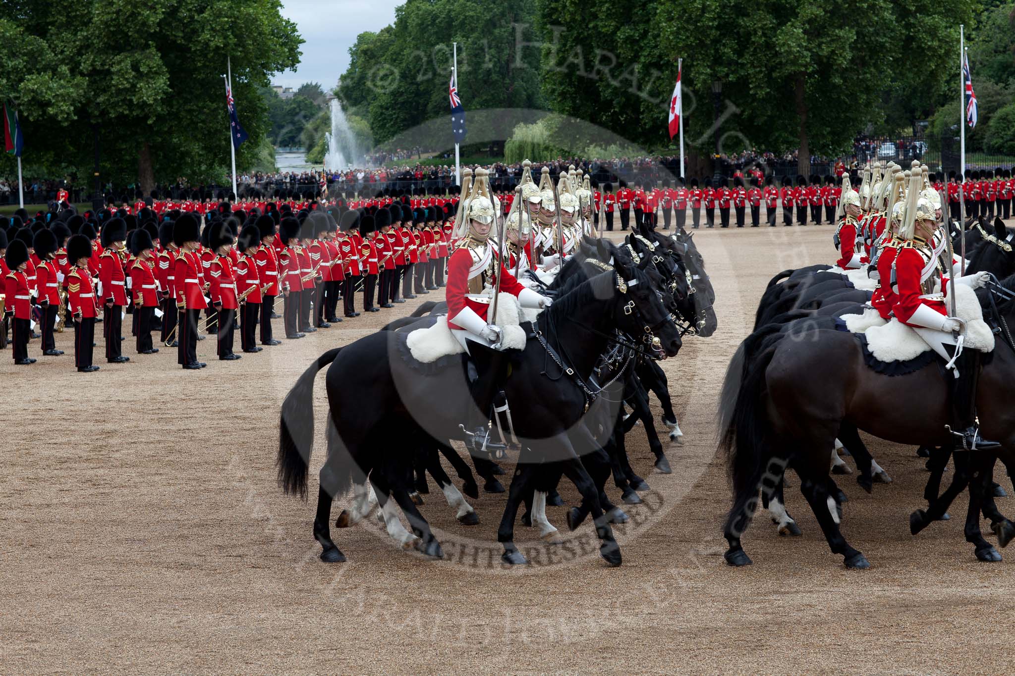 The Major General's Review 2011: The Life Guards during the Ride Past. behind them, on the left, the Massed Bands..
Horse Guards Parade, Westminster,
London SW1,
Greater London,
United Kingdom,
on 28 May 2011 at 11:55, image #243