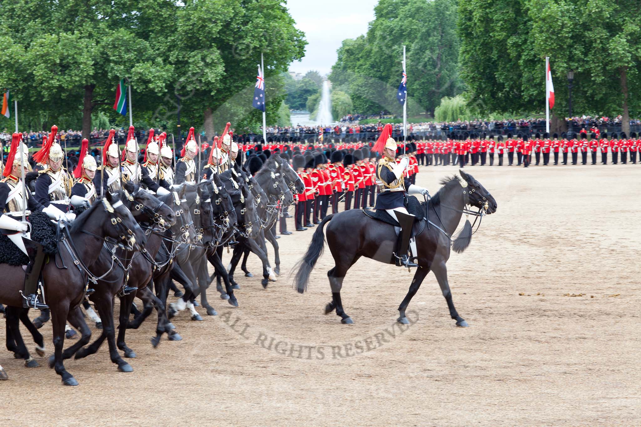 The Major General's Review 2011: The Blues and Royals during the Ride Past. In the background St. James's Park..
Horse Guards Parade, Westminster,
London SW1,
Greater London,
United Kingdom,
on 28 May 2011 at 11:55, image #246