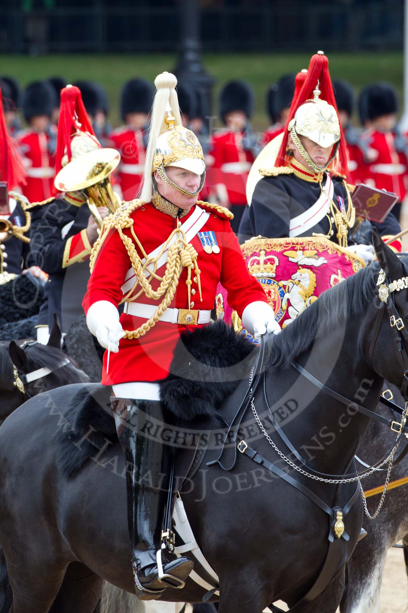 The Major General's Review 2011: The Director of Music, Major K L Davies,The Life Guards, leading the Mounted Bands, behind him musicians of The Blues and Royals, in front their kettle drummer..
Horse Guards Parade, Westminster,
London SW1,
Greater London,
United Kingdom,
on 28 May 2011 at 11:56, image #248