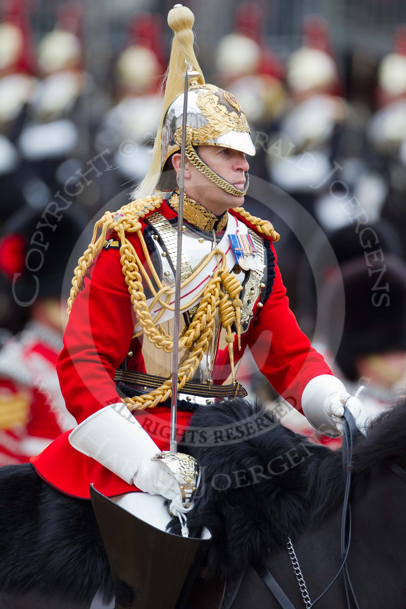 The Major General's Review 2011: The Field Officer of the Sovereign’s Escort of the Household Cavalry, Major Nicolas Van Cutsem, The Life Guards. It would be a particular honour for him as a Bosnia, Iraq and Afghanistan veteran to lead the Sovereign’s Escort after that other notable event on 29 April when he executed the same prestigious task as Field Officer as he was trotting at the right side of the 1902 State Landau in which his good friend Prince William and Catherine Middleton drove on their wedding day. His daughter Grace was also one of the bridesmaids..
Horse Guards Parade, Westminster,
London SW1,
Greater London,
United Kingdom,
on 28 May 2011 at 11:57, image #255
